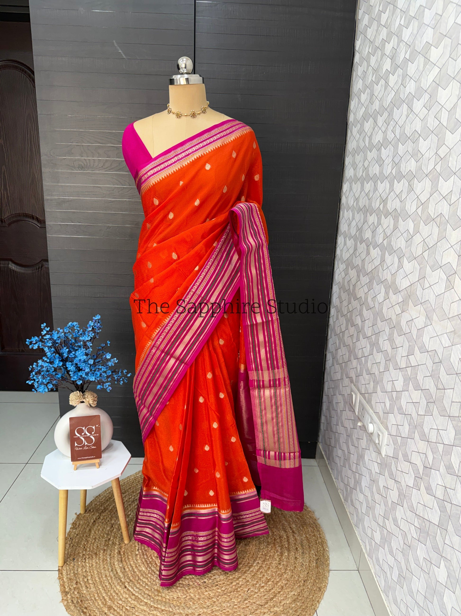 Pink and Orange Banarasi Chiniya Silk Saree with Zari Border