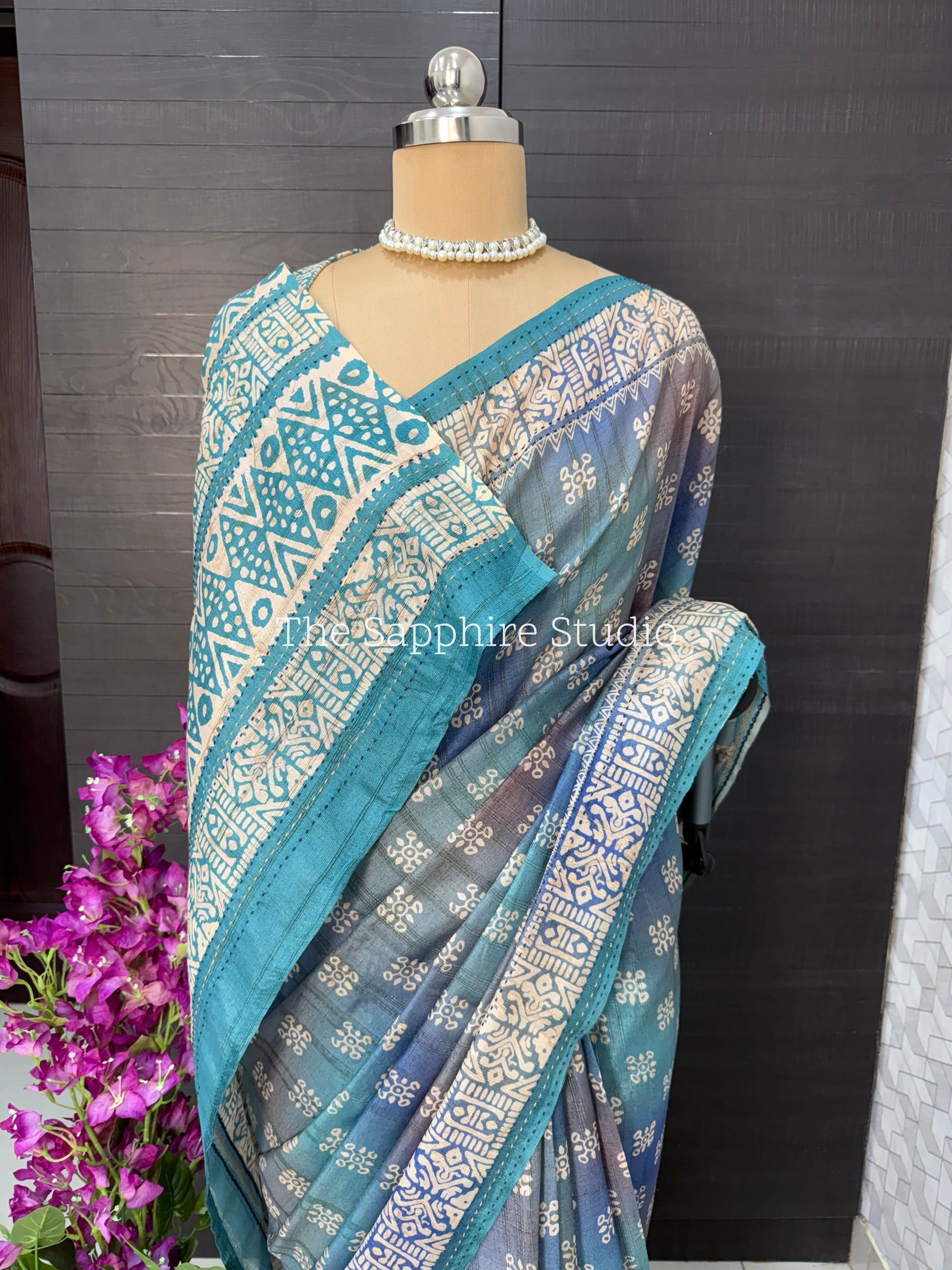 Teal Mist Tussar Saree with Sea Green Contrast Blouse