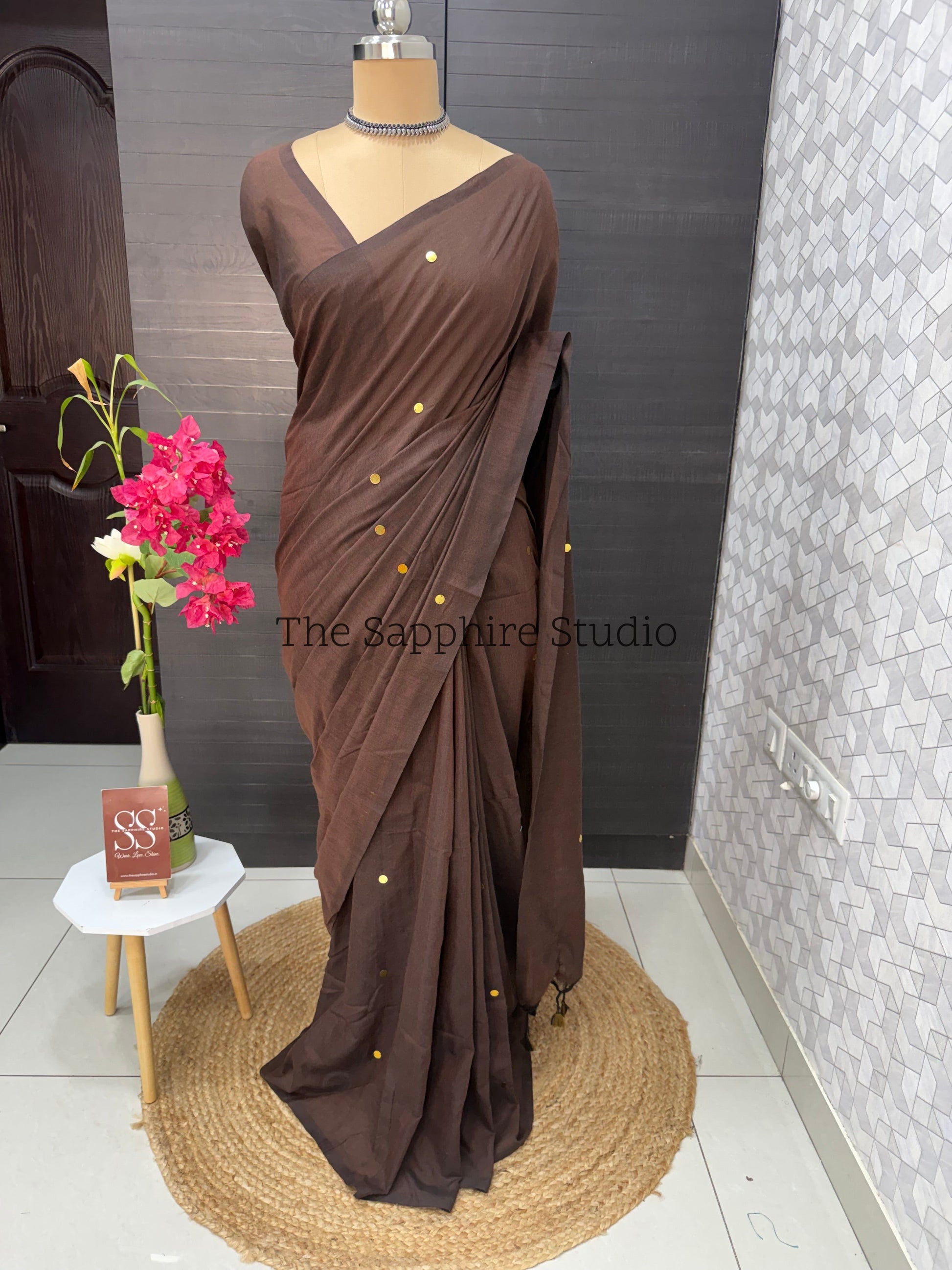 Chocolate Brown Khadi Cotton Saree