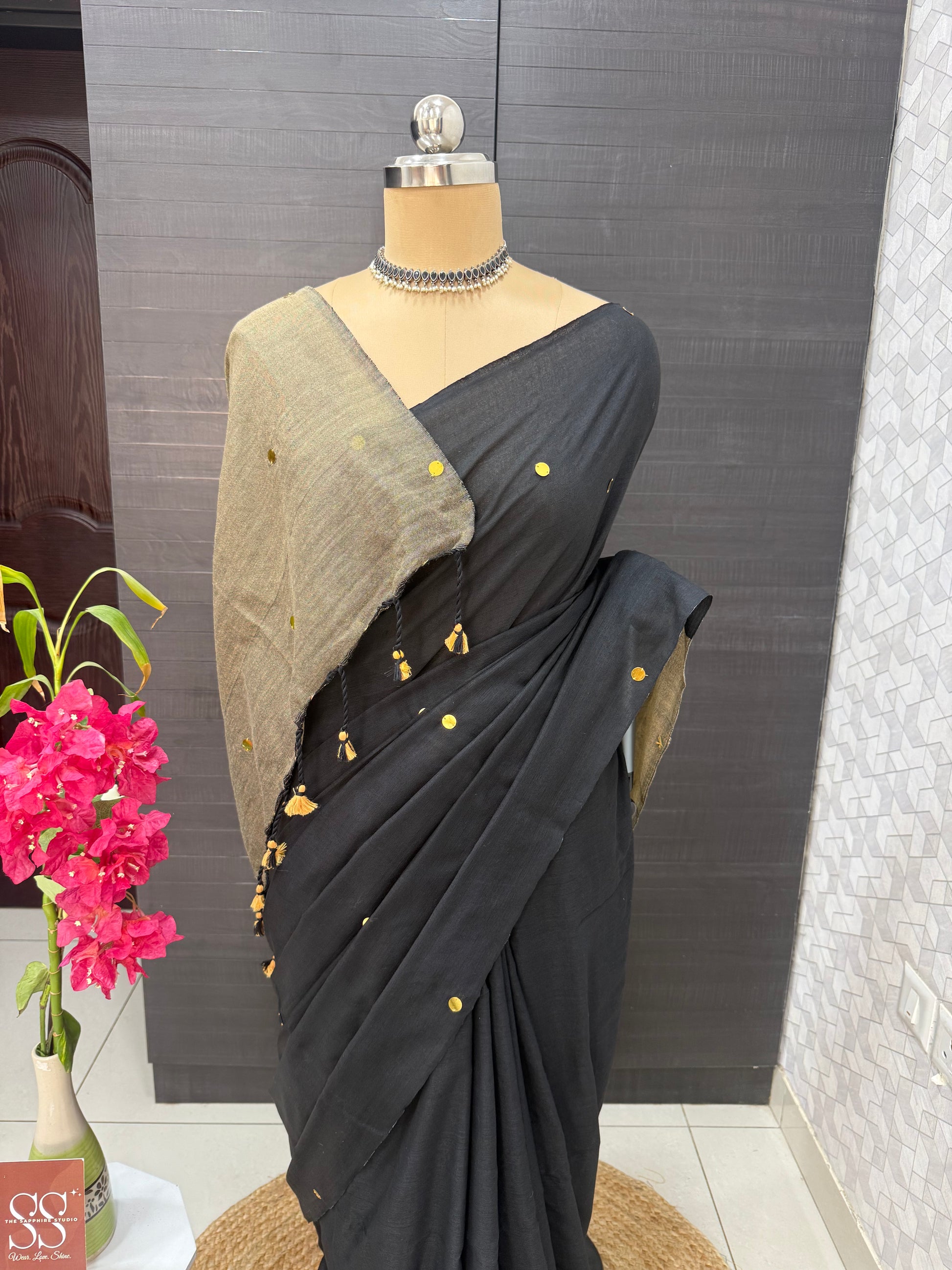 Black & Beige Khadi Cotton Saree