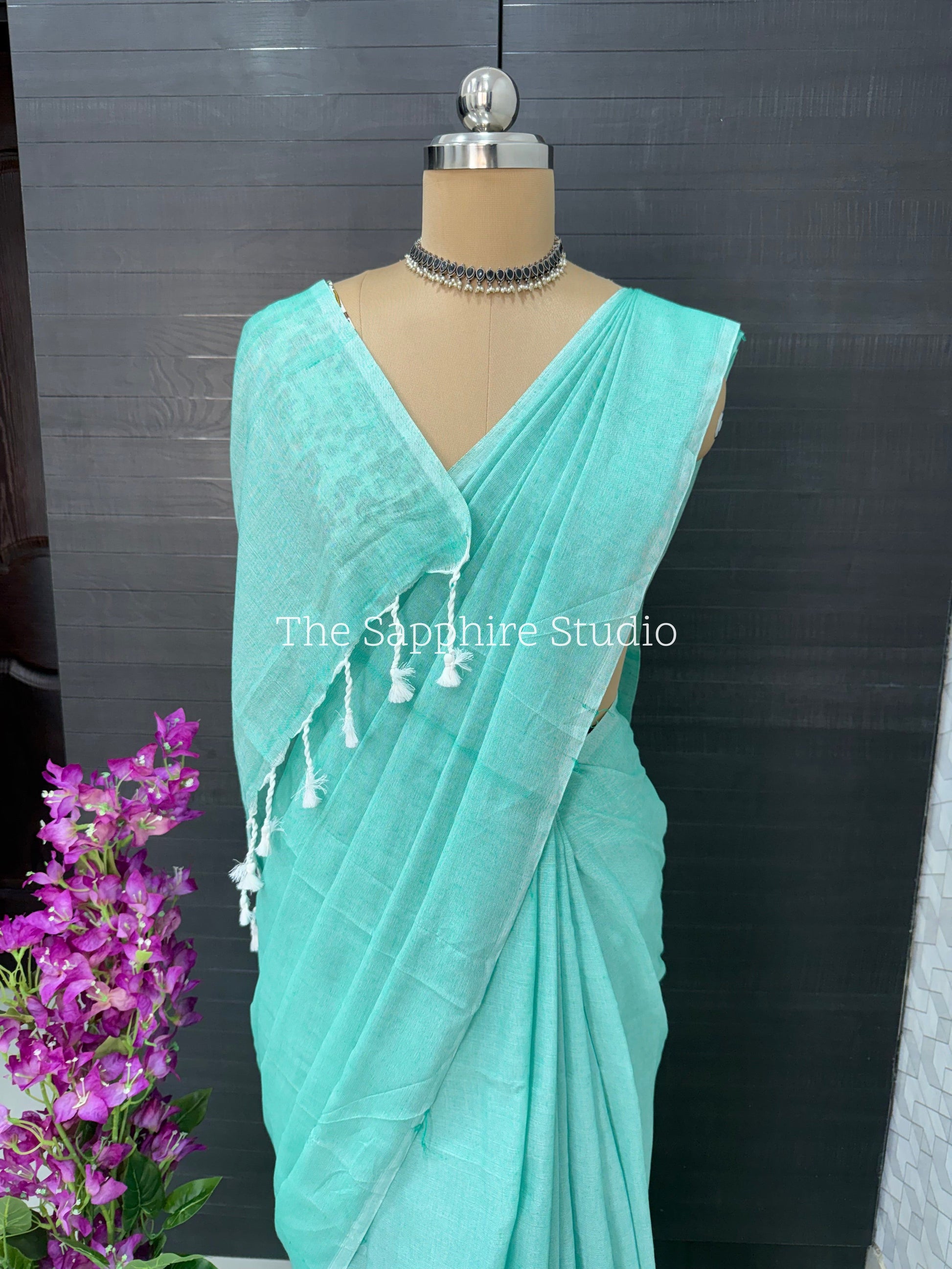 Sea Green khadi cotton saree with Printed Contrast Blouse