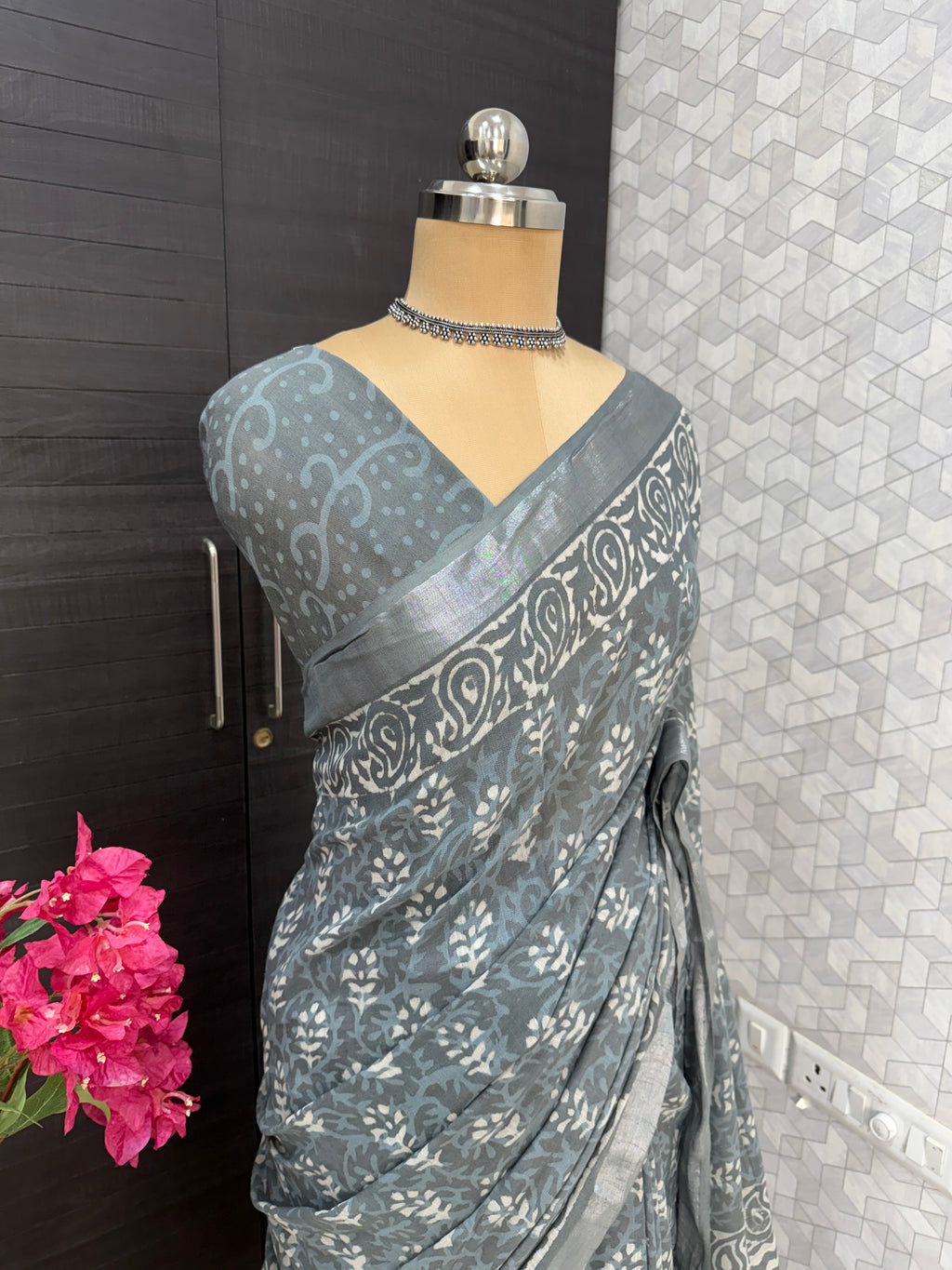 Grey Linen Bagru Saree with Running Blouse