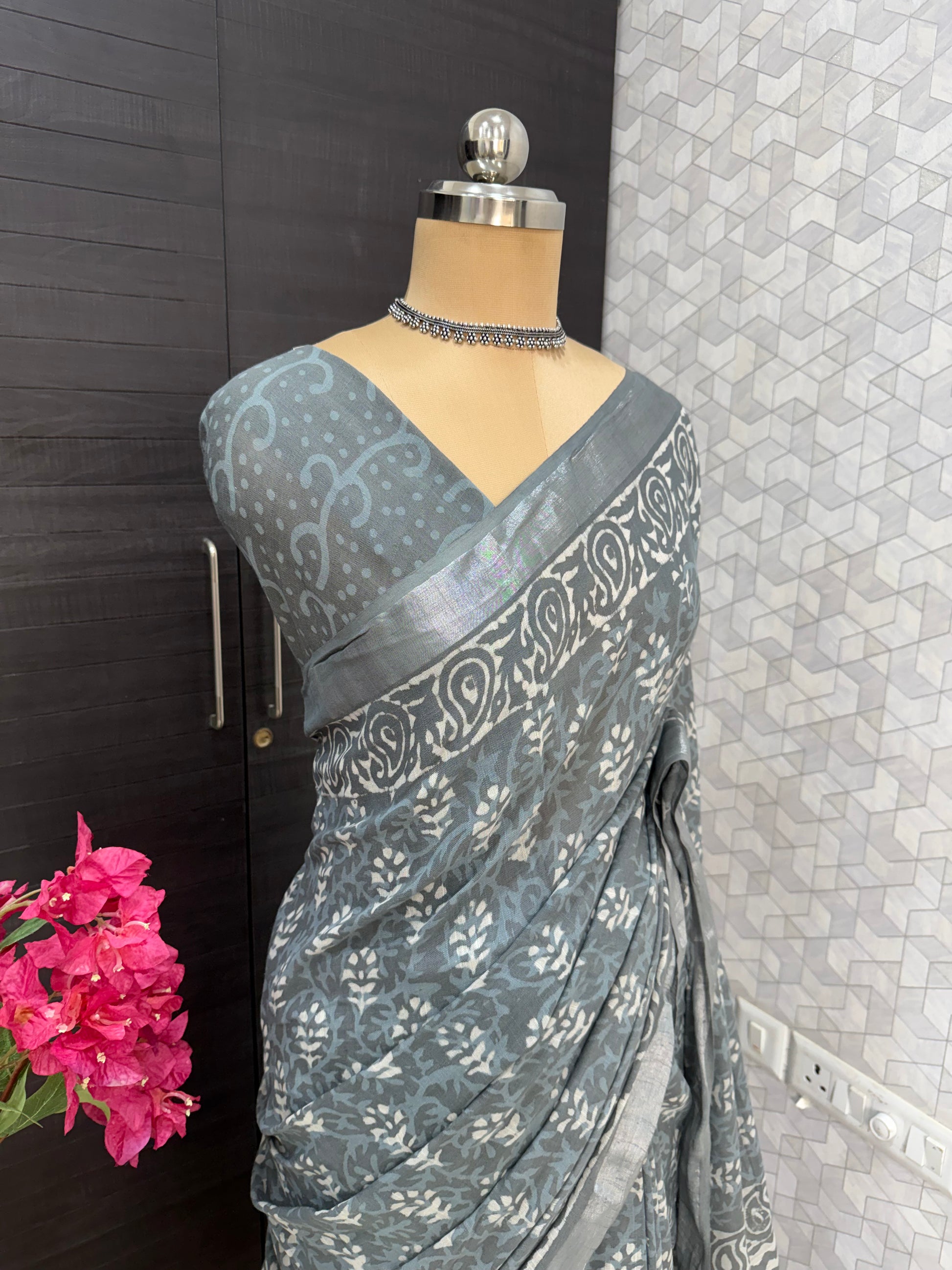 Grey Linen Bagru Saree with Running Blouse