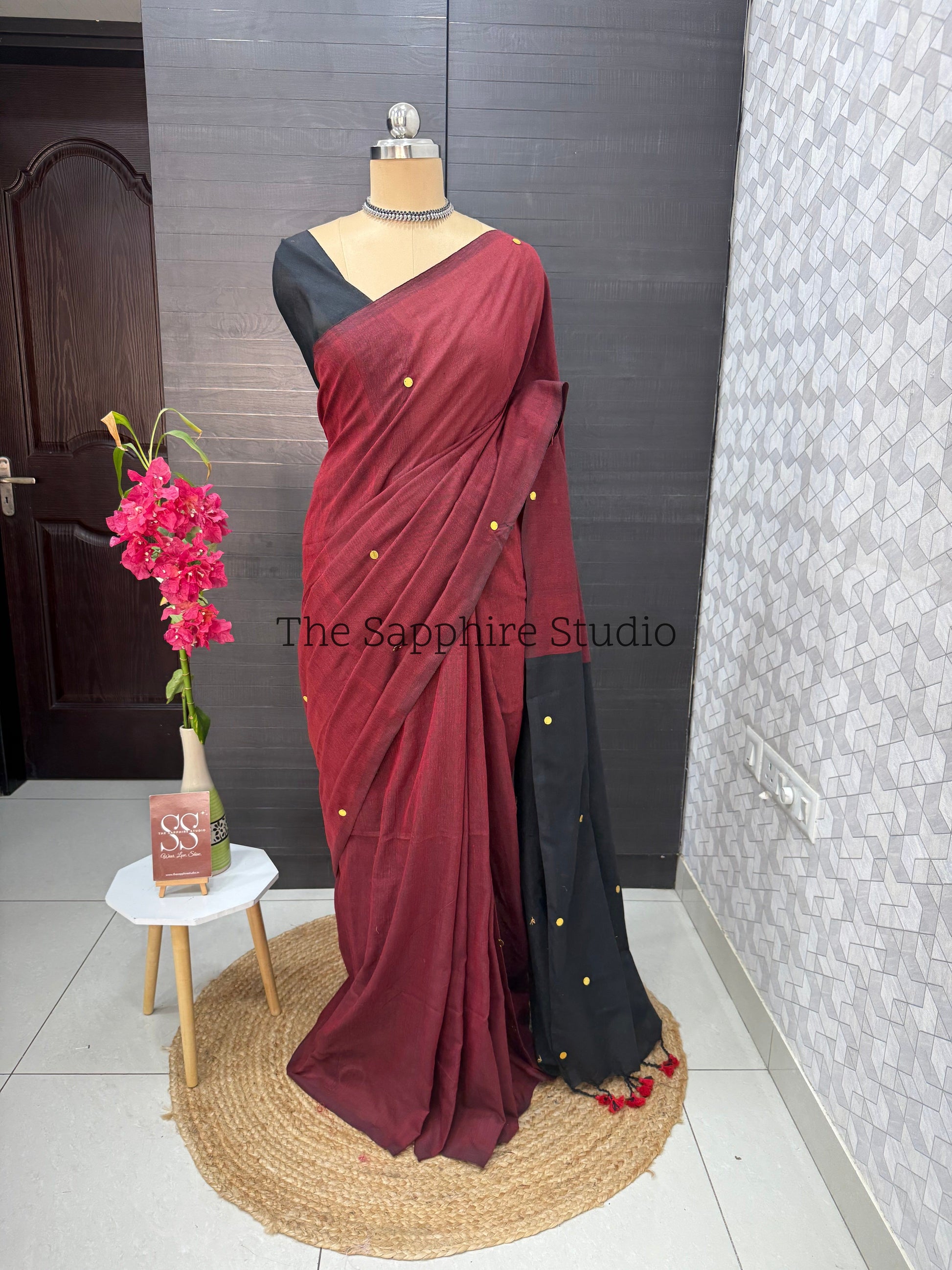 Brick Red & Black Khadi Cotton Saree