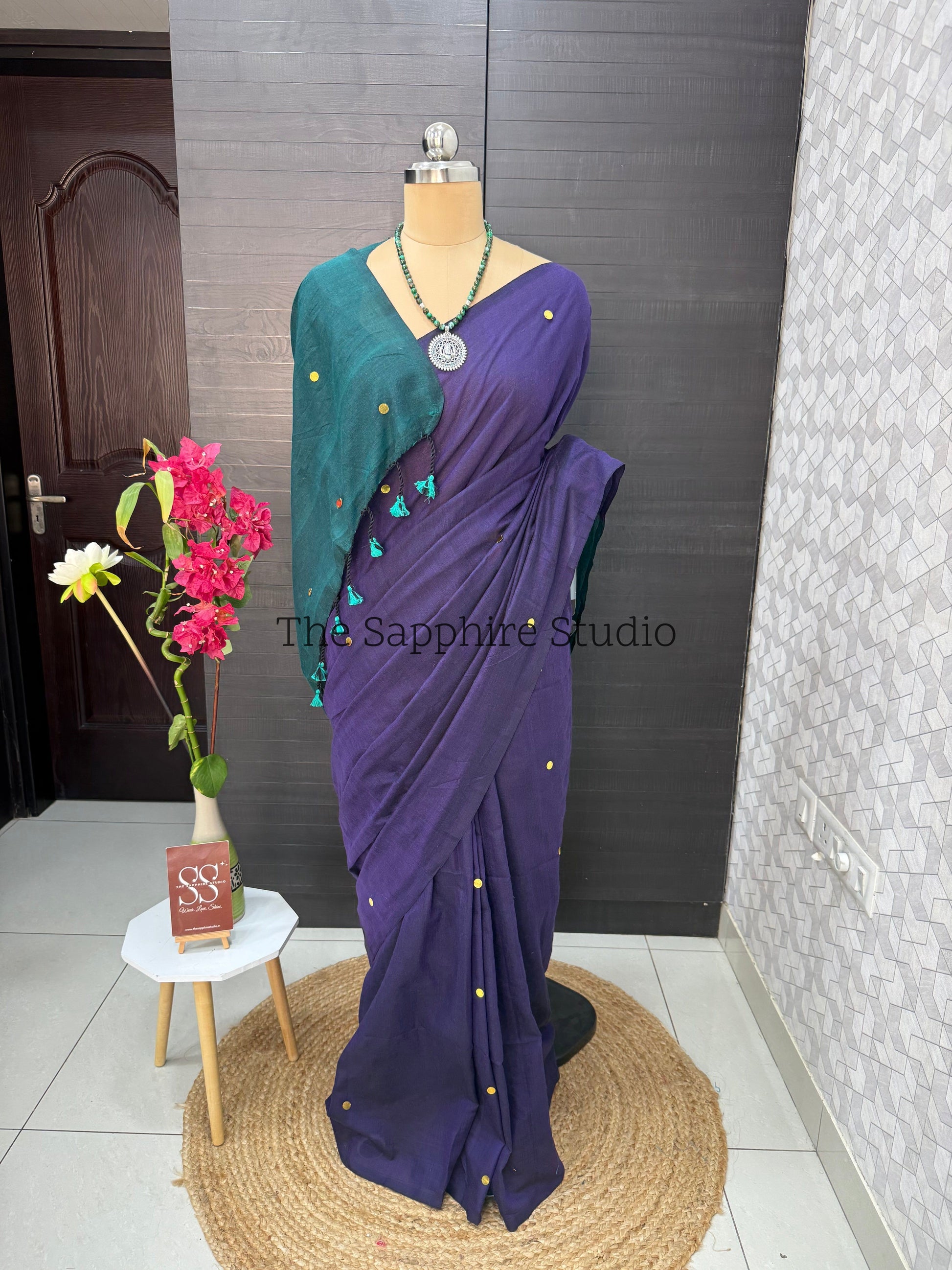 Royal Purple & Teal Khadi Cotton Saree