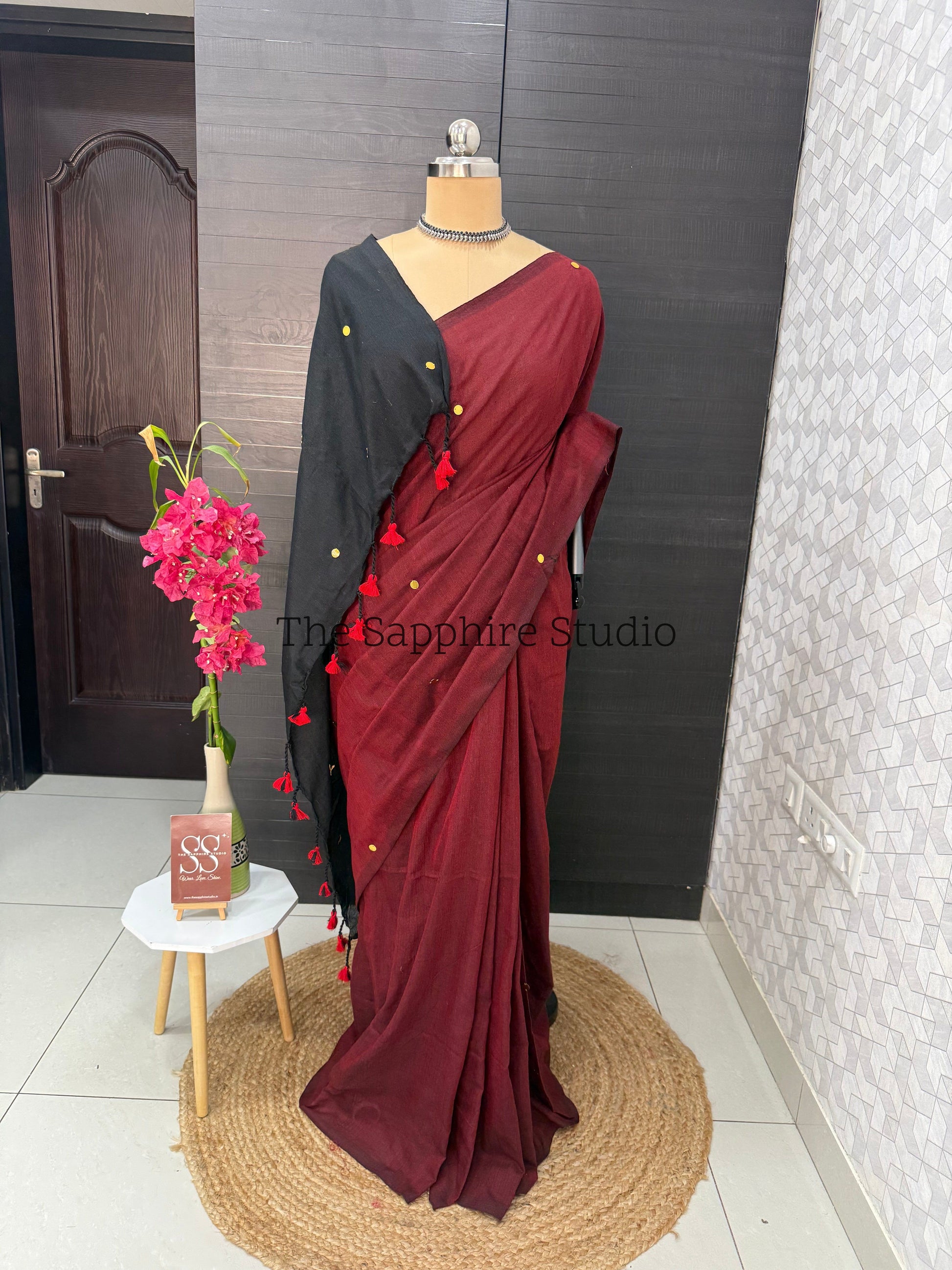 Brick Red & Black Khadi Cotton Saree
