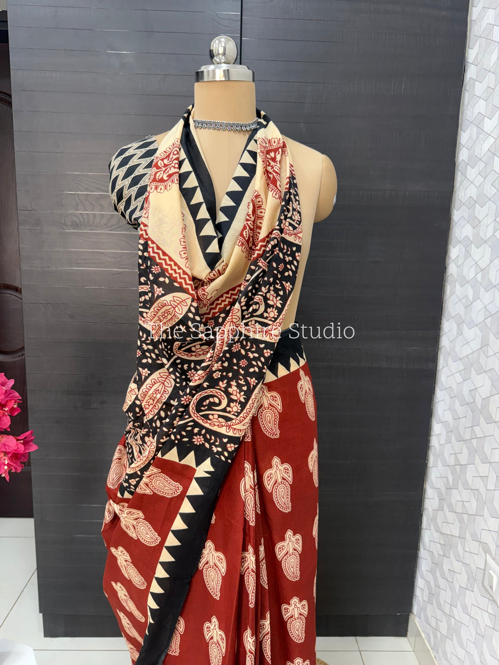 Rust Red & Black Mul Cotton Saree with Readymade Blouse