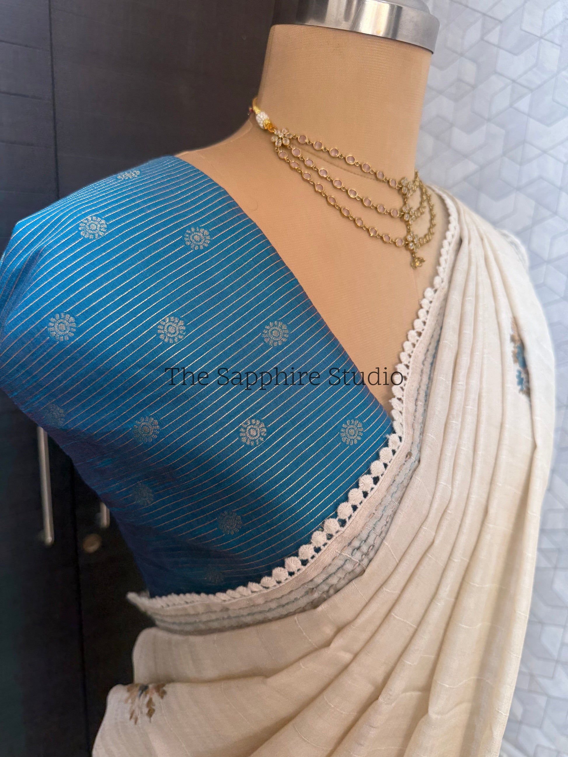 Onam/Vishu Tussar Saree – Hand Embroidery & Elegant Lace Border With Contrast blouse piece