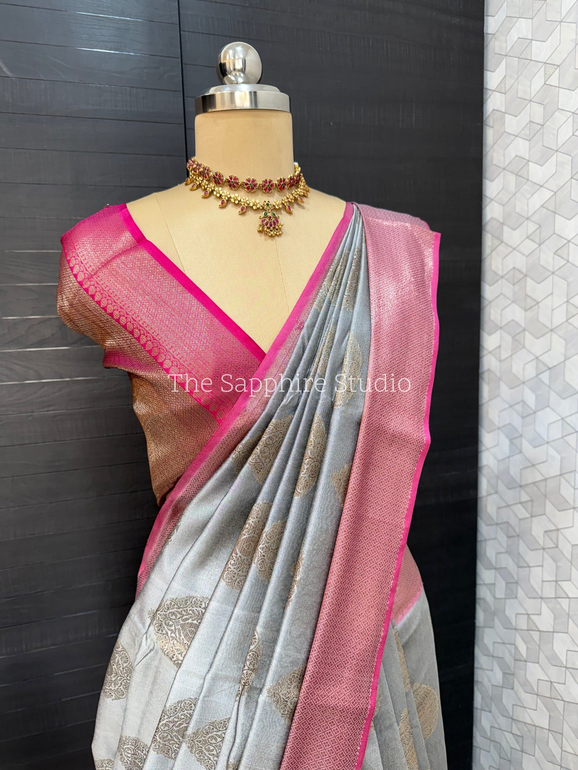 Steel Grey Cotton Silk Saree with Buta Work & Pink Contrast Border