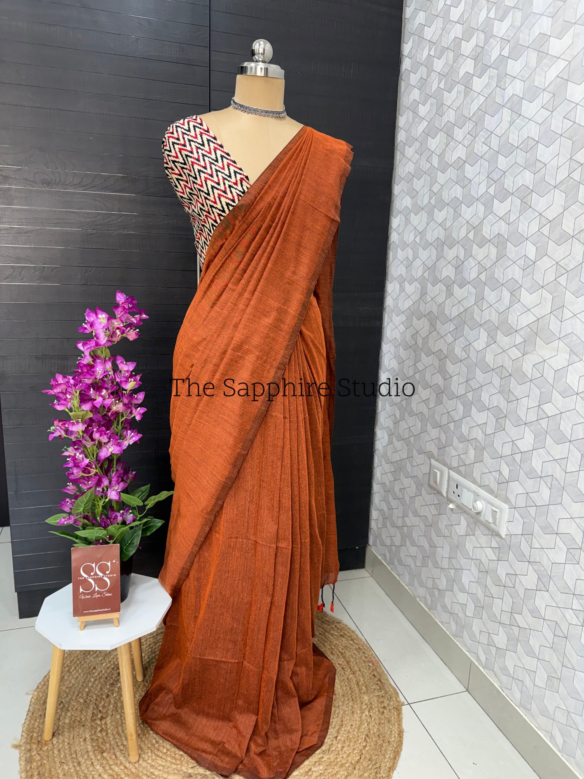 Rust Orange khadi cotton saree with Geometric Contrast Blouse
