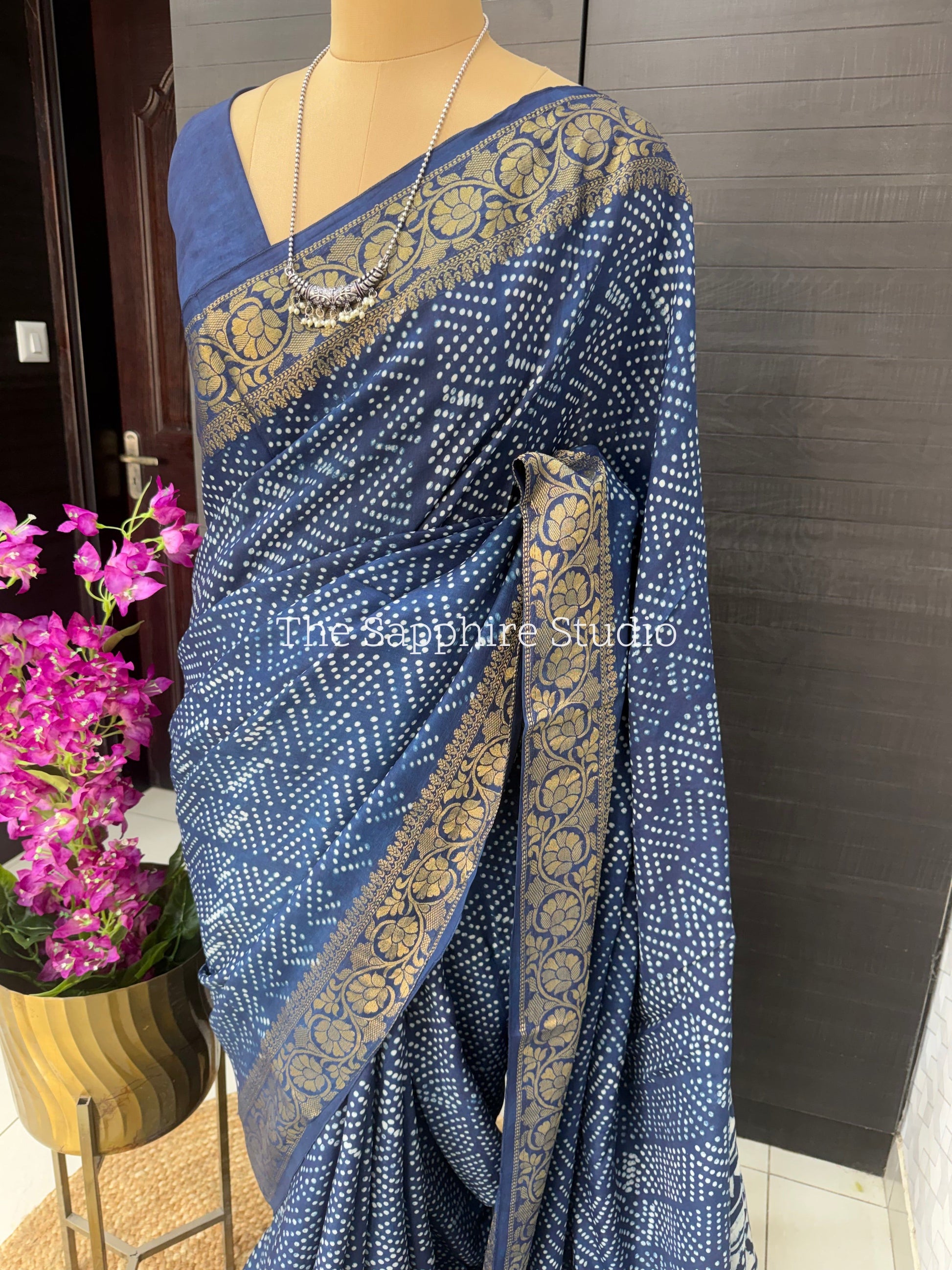 Indigo Dola Silk Saree with Round Floral Dabbu Print