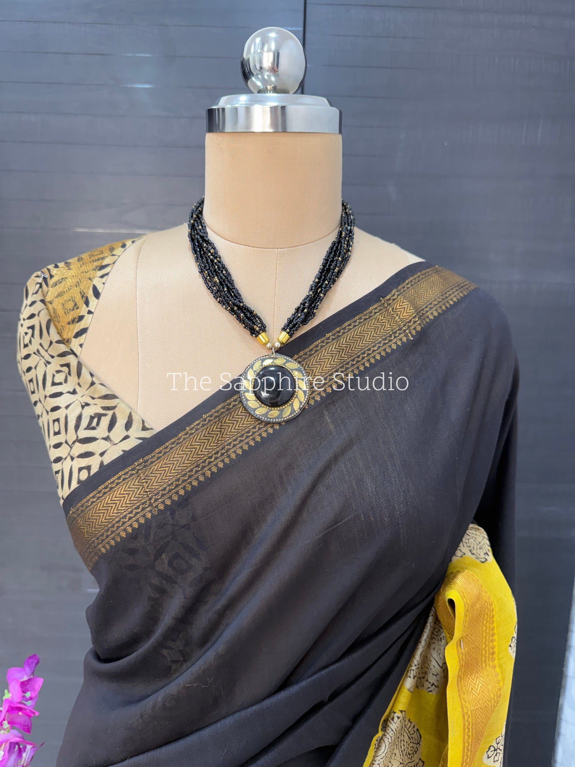 Maheshwari Silk Saree – Black with Yellow Border & Silver Motifs