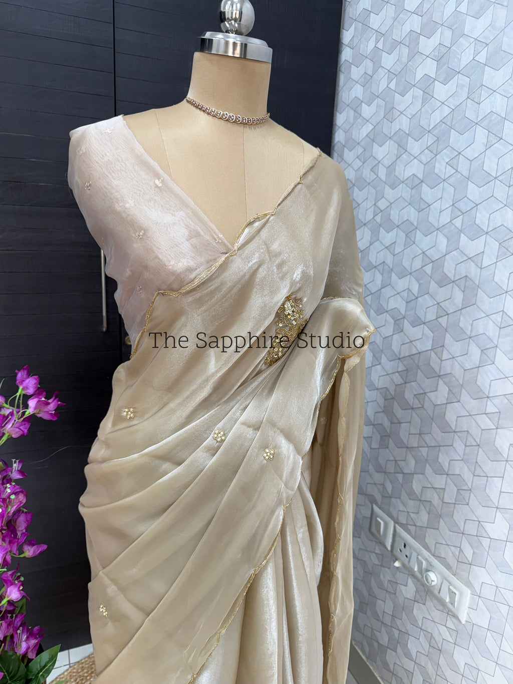 Chikku color satin organza mix saree