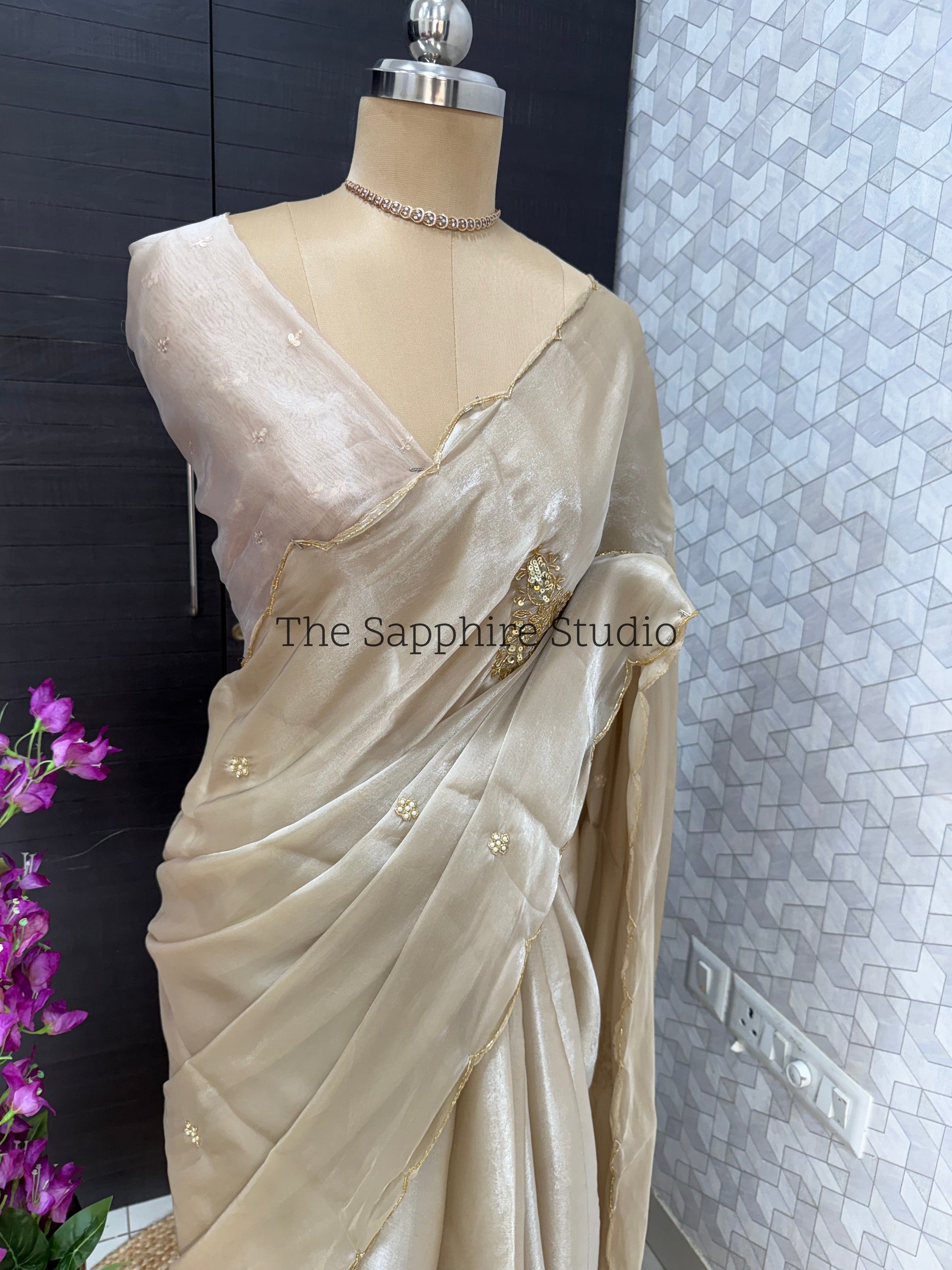 Chikku color satin organza mix saree