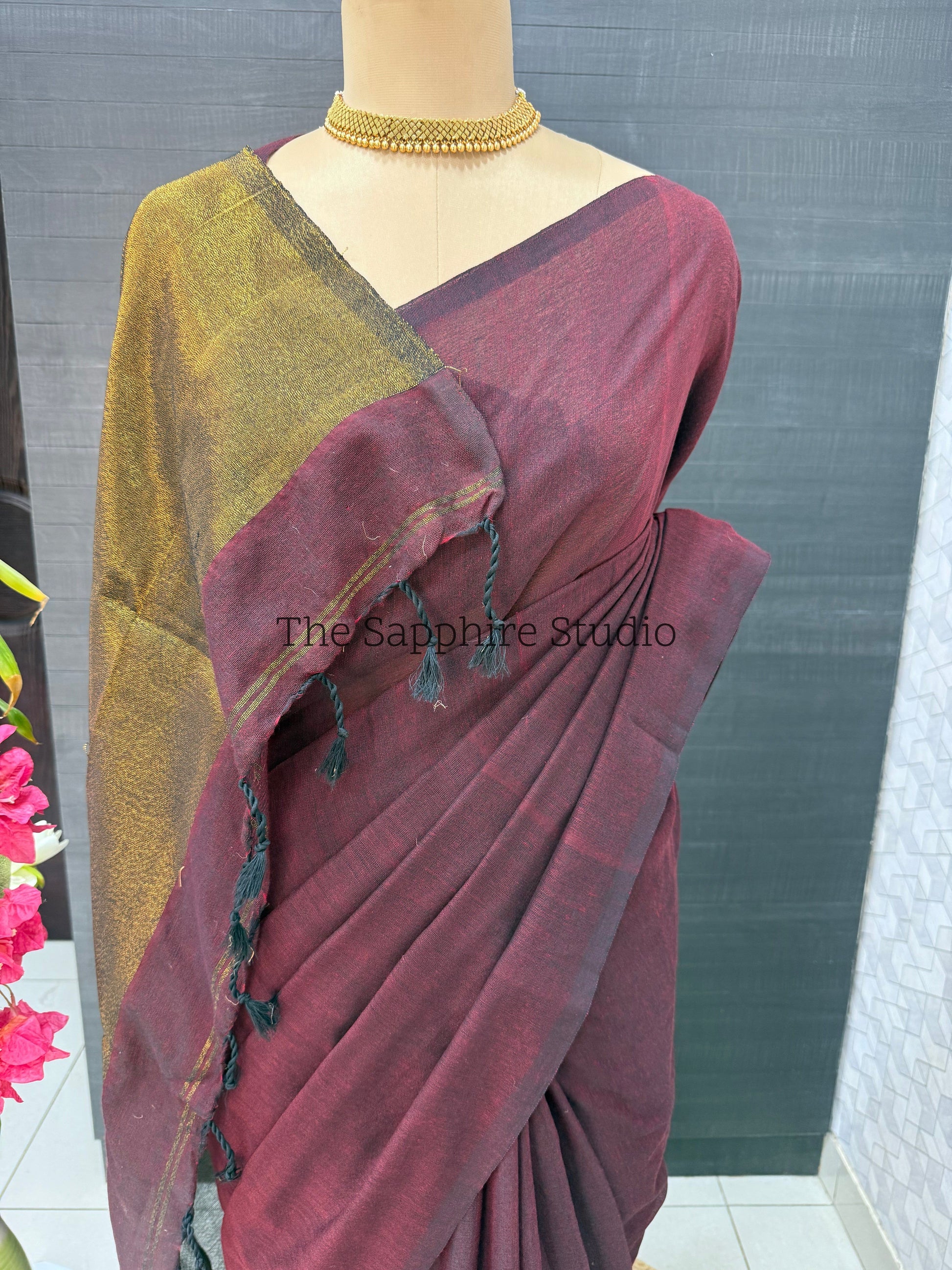 Deep maroon Khadi cotton saree