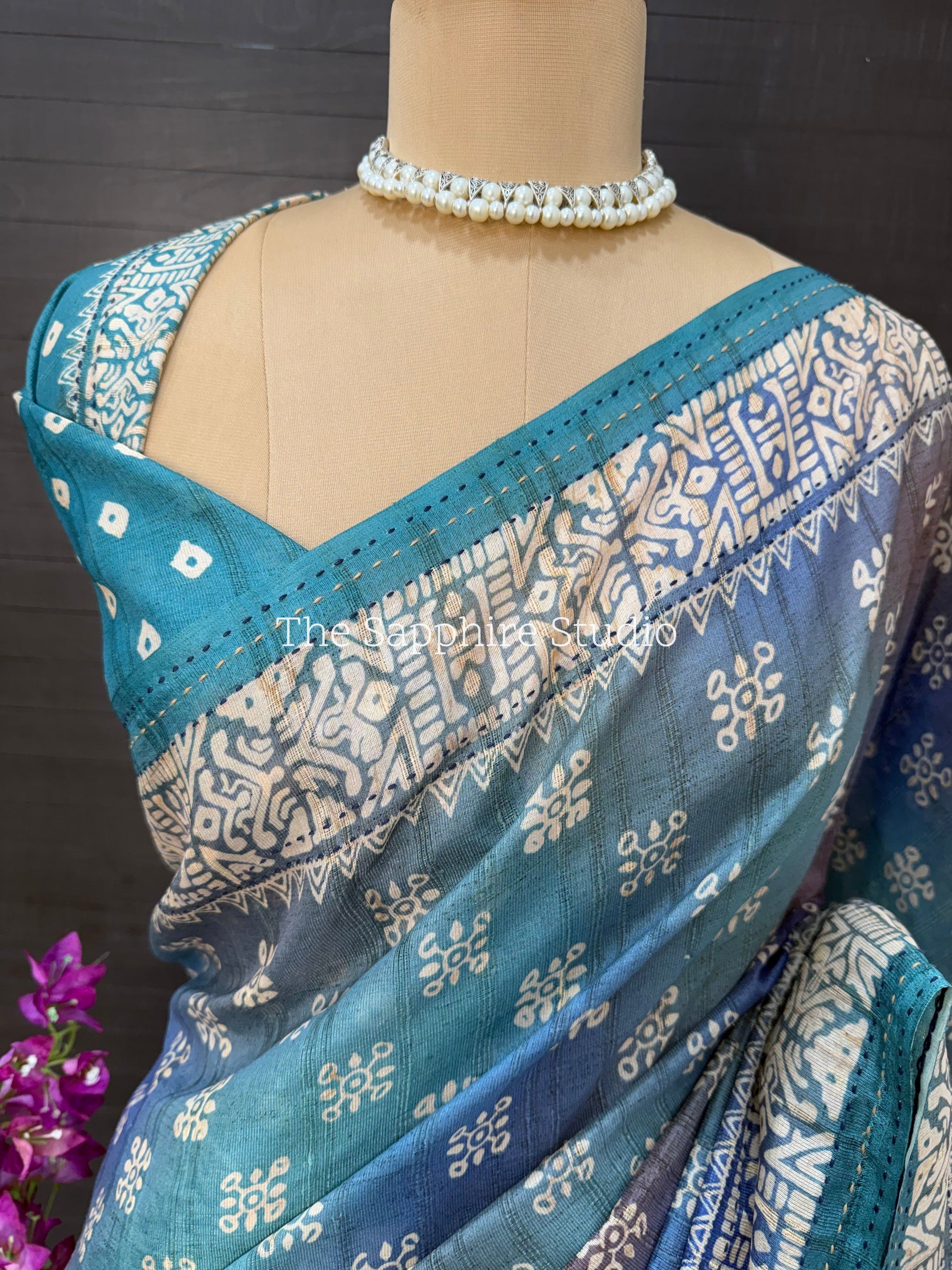 Teal Mist Tussar Saree with Sea Green Contrast Blouse