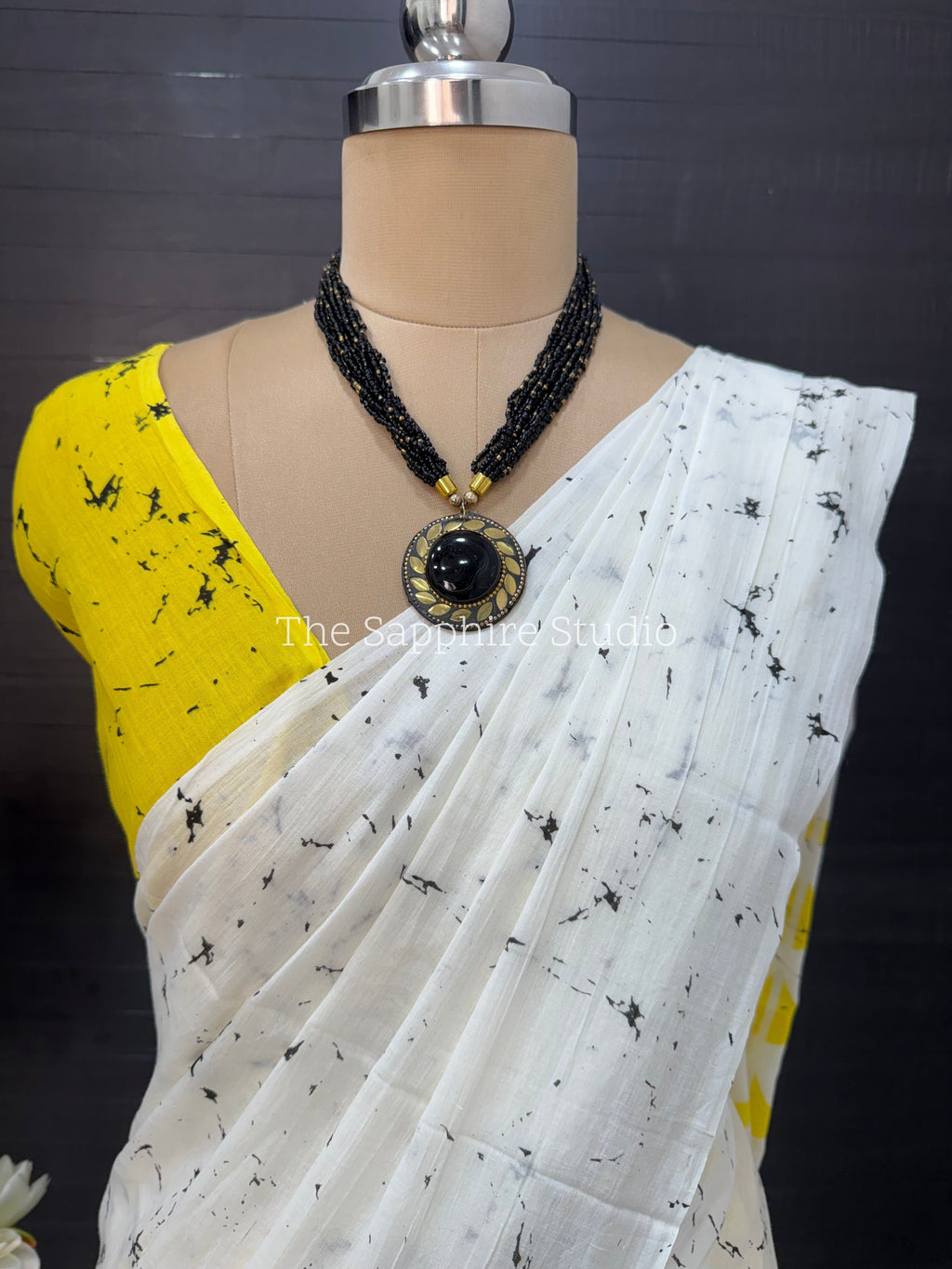 Yellow & White Mul Cotton Saree with Readymade Blouse
