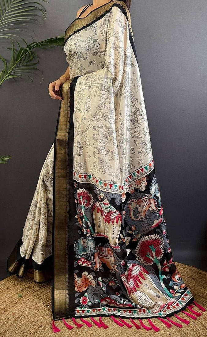 Black and White Kalamkari Print Saree