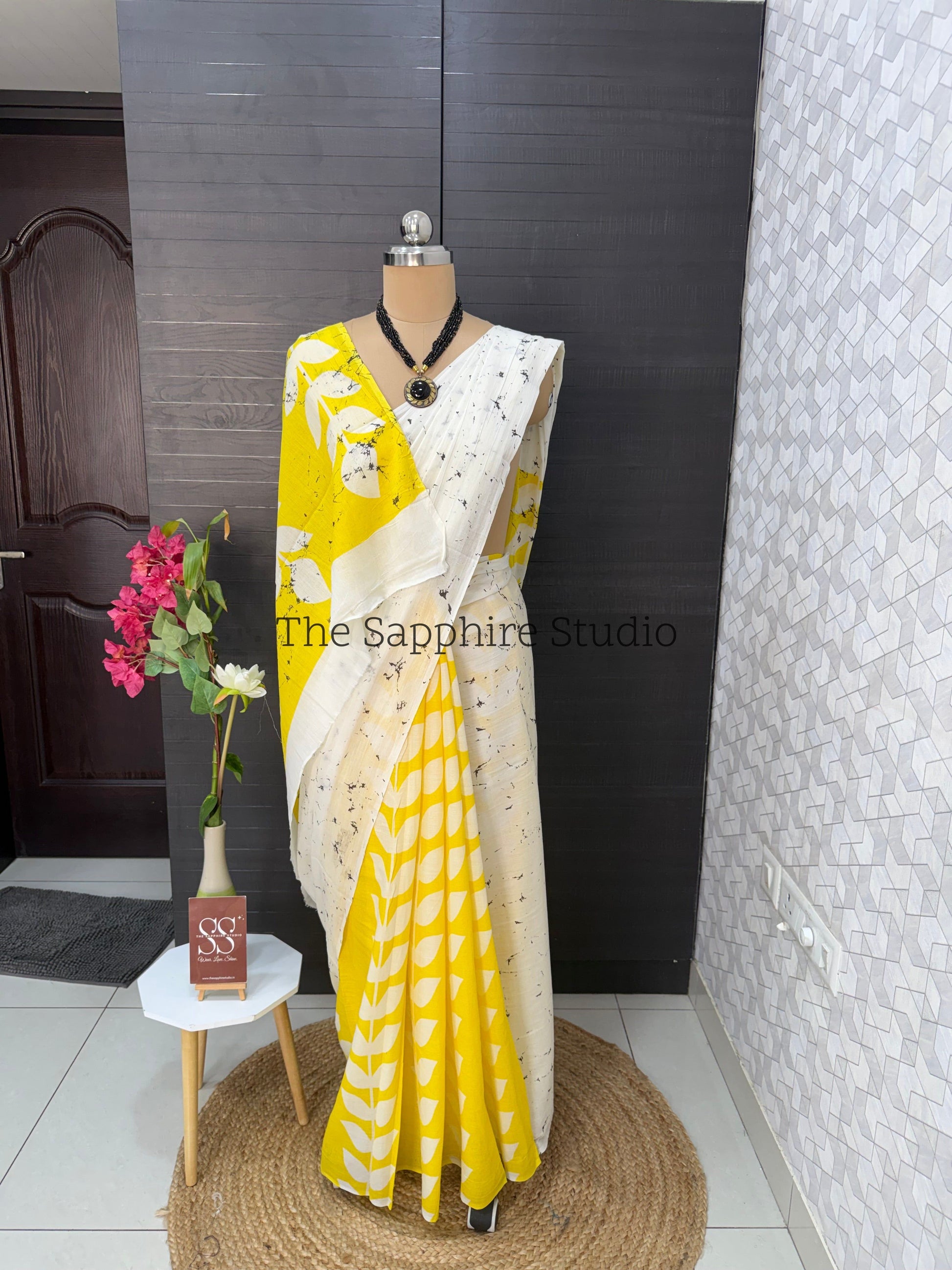 Yellow & White Mul Cotton Saree with Readymade Blouse