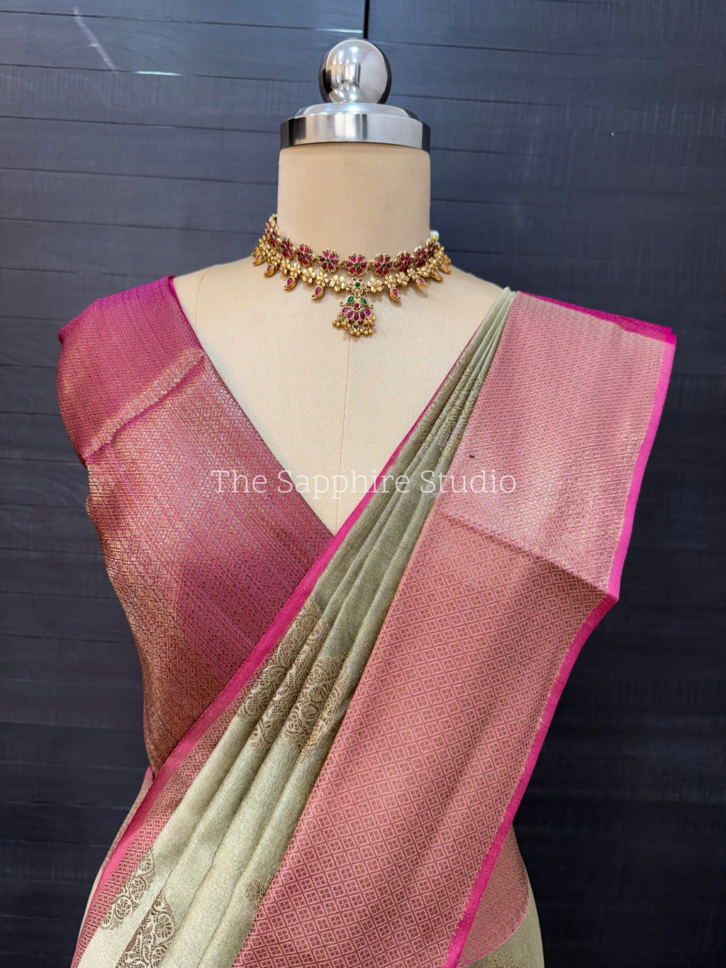 Cotton Silk Saree - Olive Green Cotton Silk Saree with Buta Work & Contrast Border