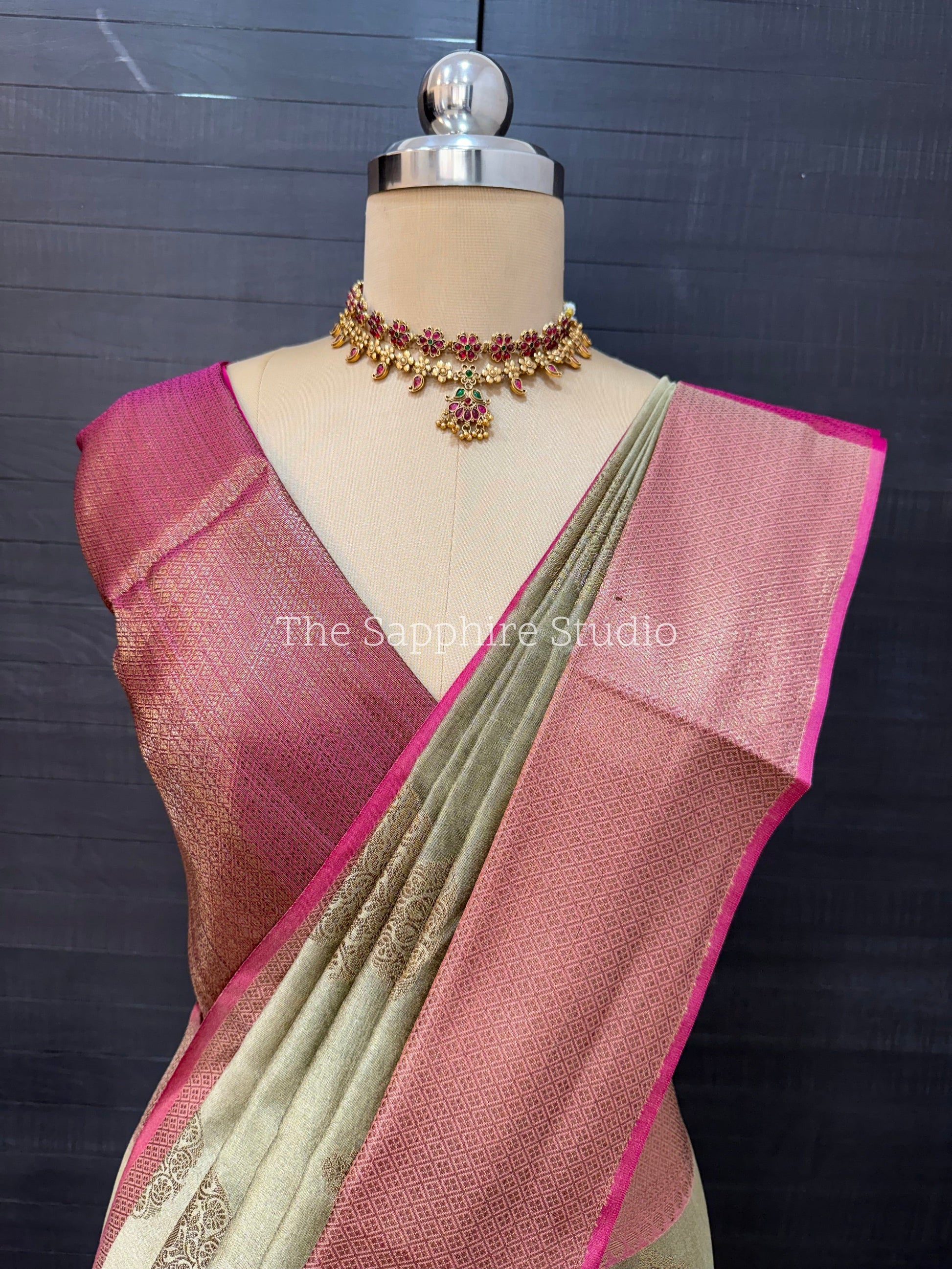 Cotton Silk Saree - Olive Green Cotton Silk Saree with Buta Work & Contrast Border