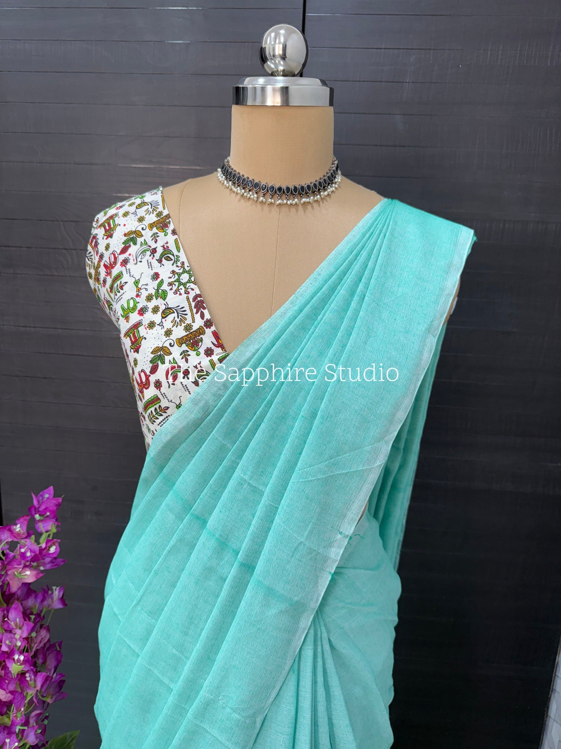 Sea Green khadi cotton saree with Printed Contrast Blouse
