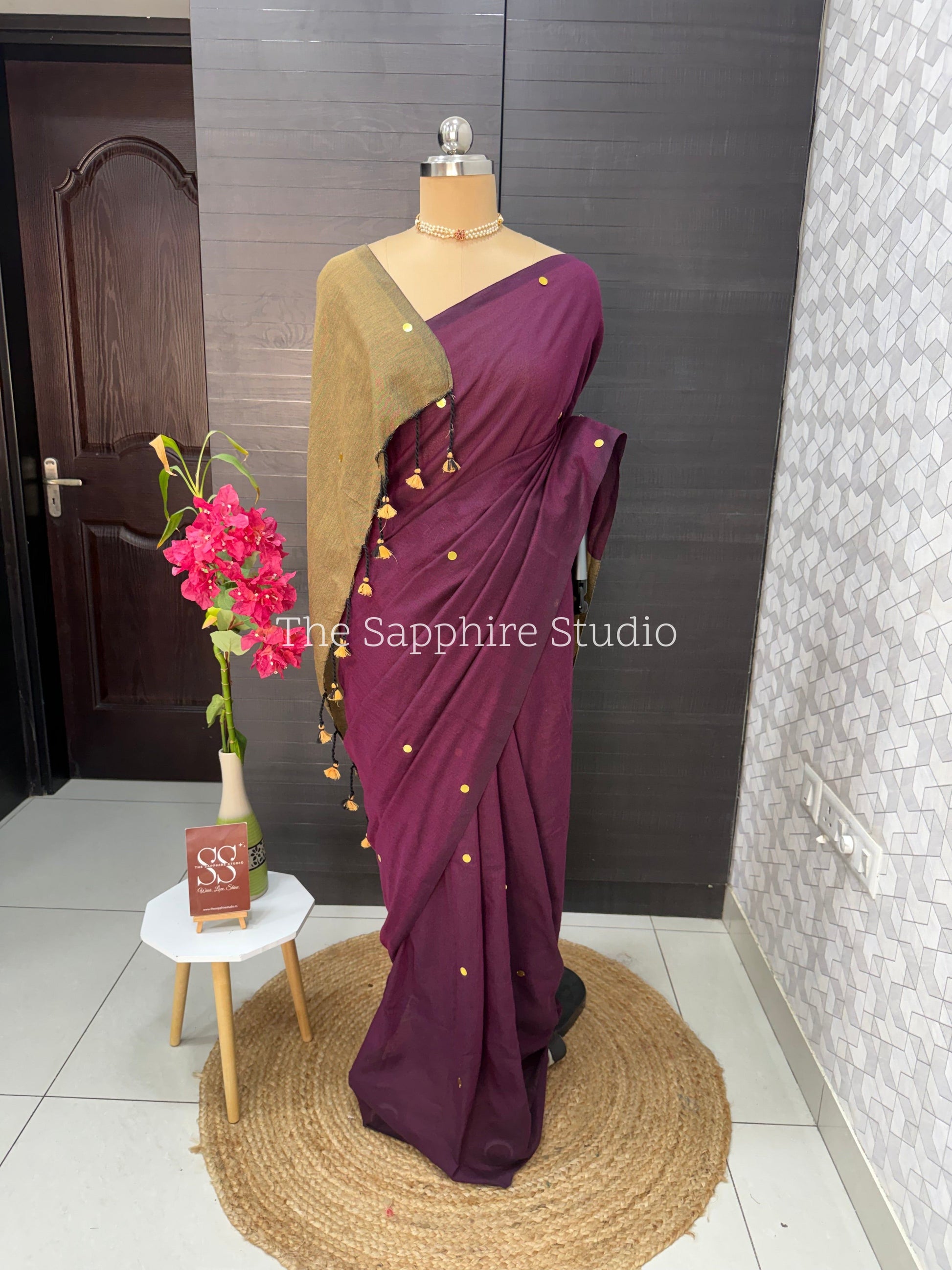 Wine Purple & Mustard Khadi Cotton Saree