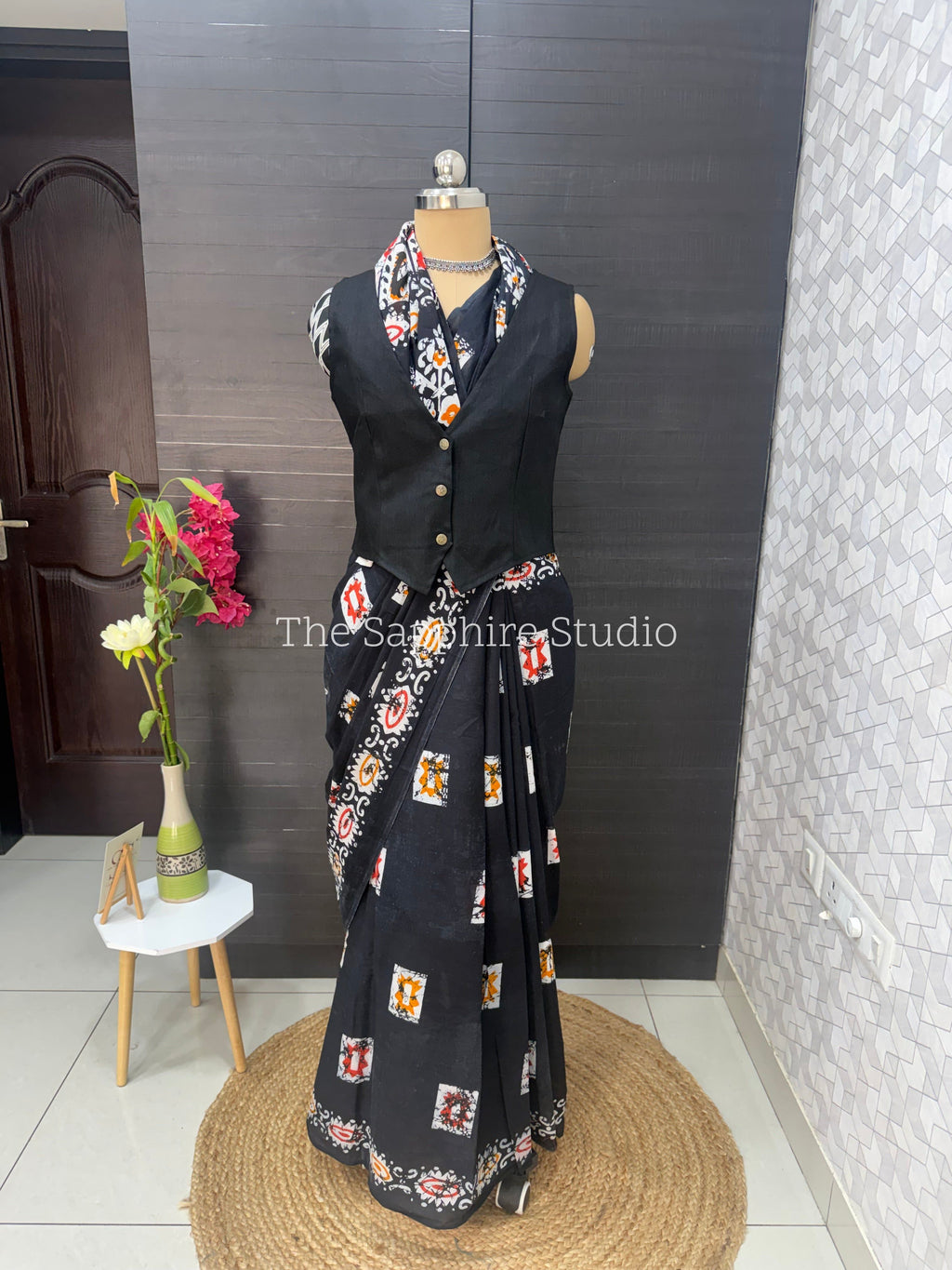 Black Mul Cotton Saree with Readymade Blouse