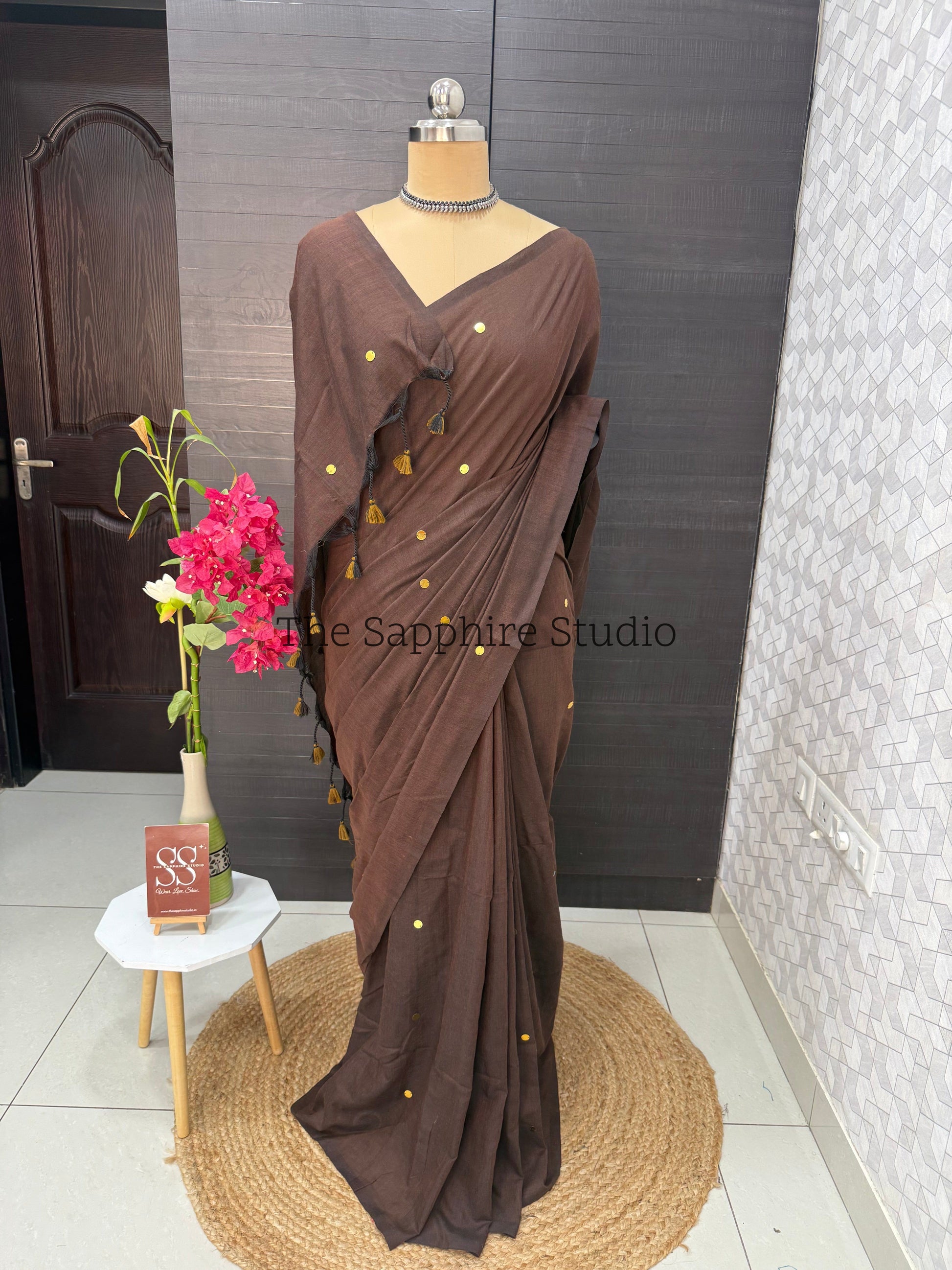 Chocolate Brown Khadi Cotton Saree