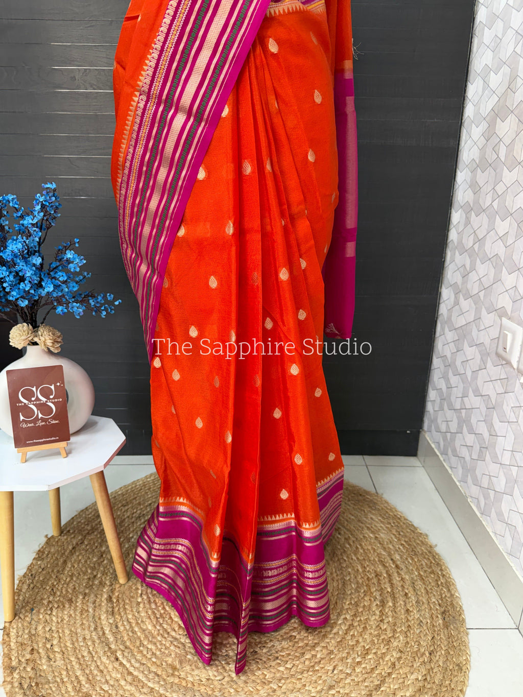 Pink and Orange Banarasi Chiniya Silk Saree with Zari Border