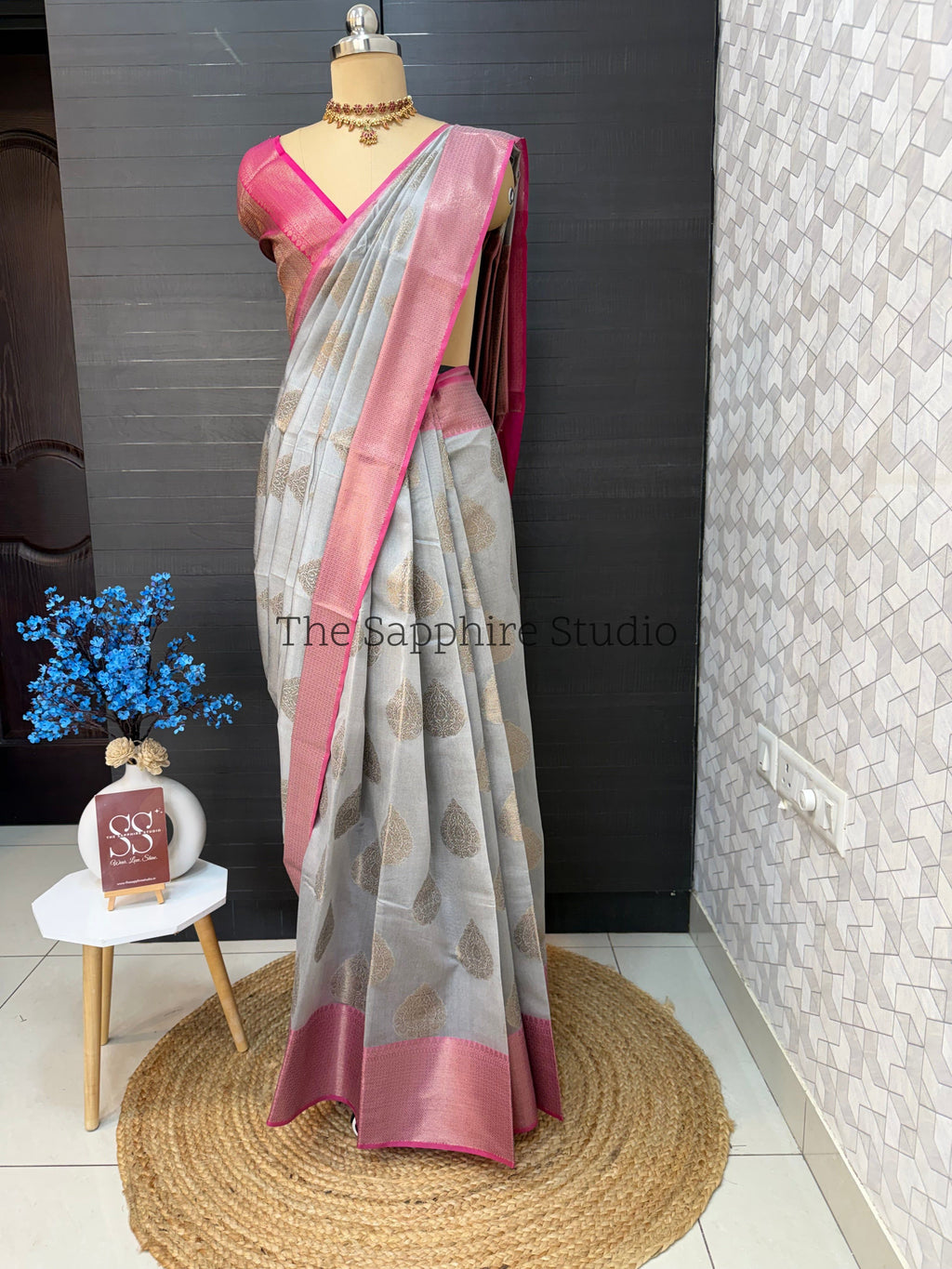 Steel Grey Cotton Silk Saree with Buta Work & Pink Contrast Border