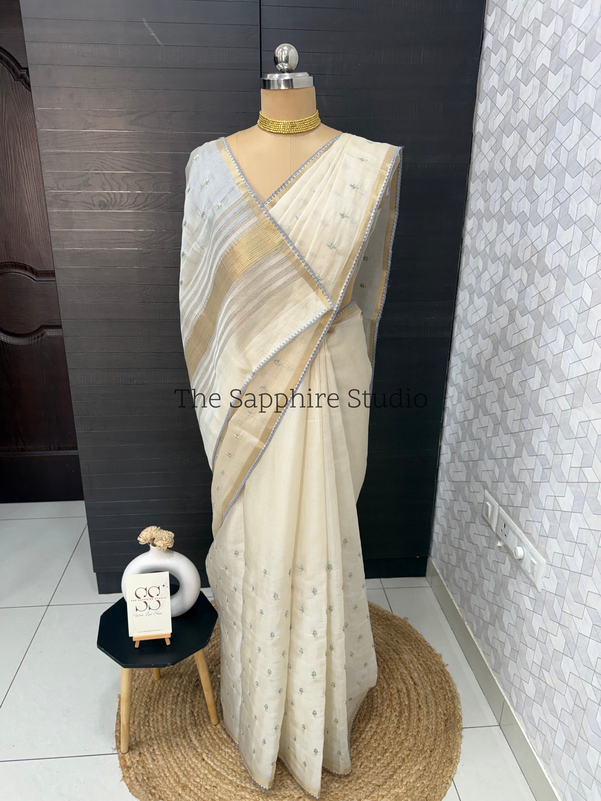 Onam/ Vishu Tissue Saree with Embroidery - small flower work - Light Blue (Comes with contrast blue blouse)