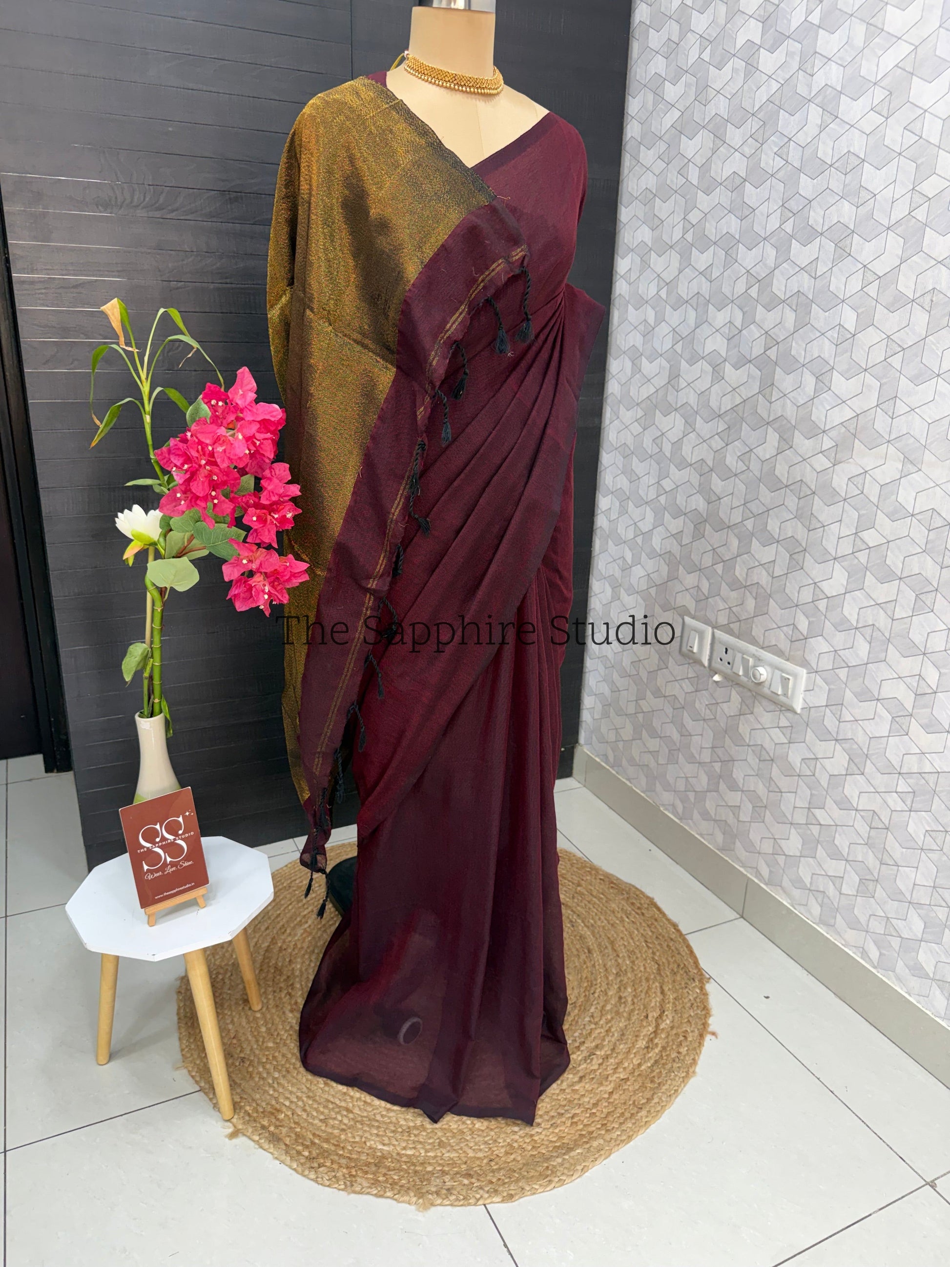 Deep maroon Khadi cotton saree