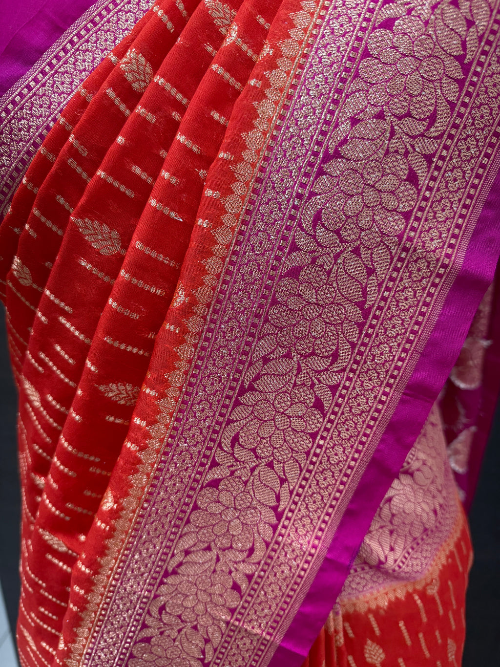 Semi Banarasi Georgette Orange and Contrast Pink Saree