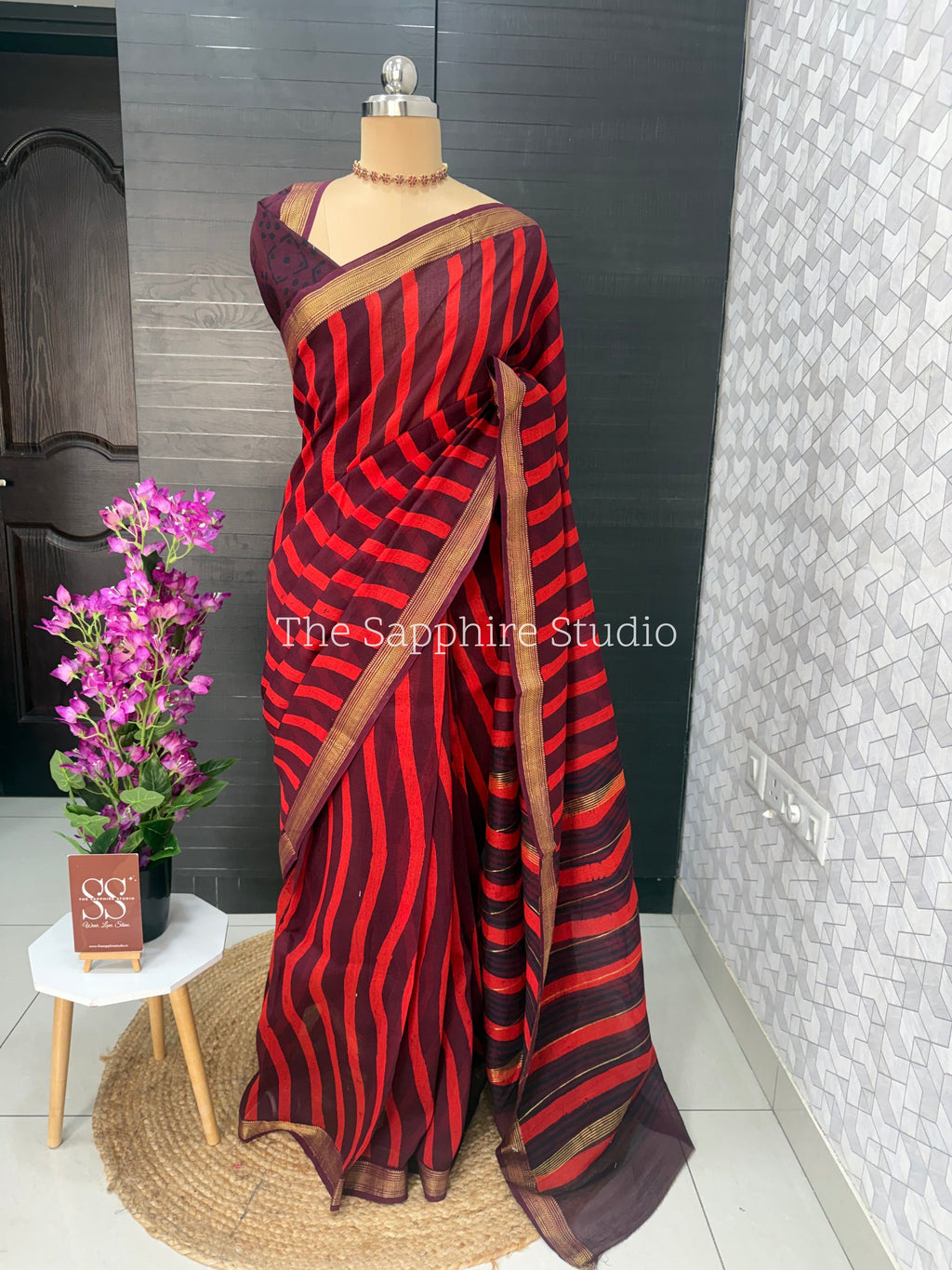 Maheshwari Silk Saree – Maroon with Red Stripes & Golden Border