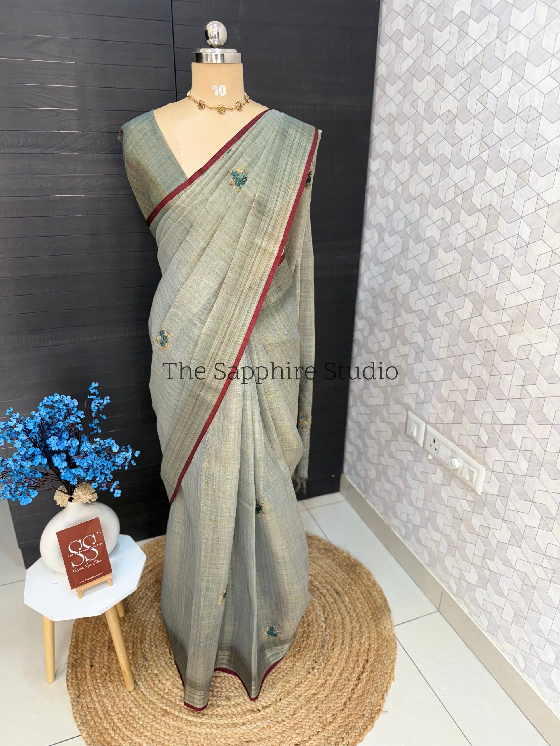Tissue linen embroidery work saree