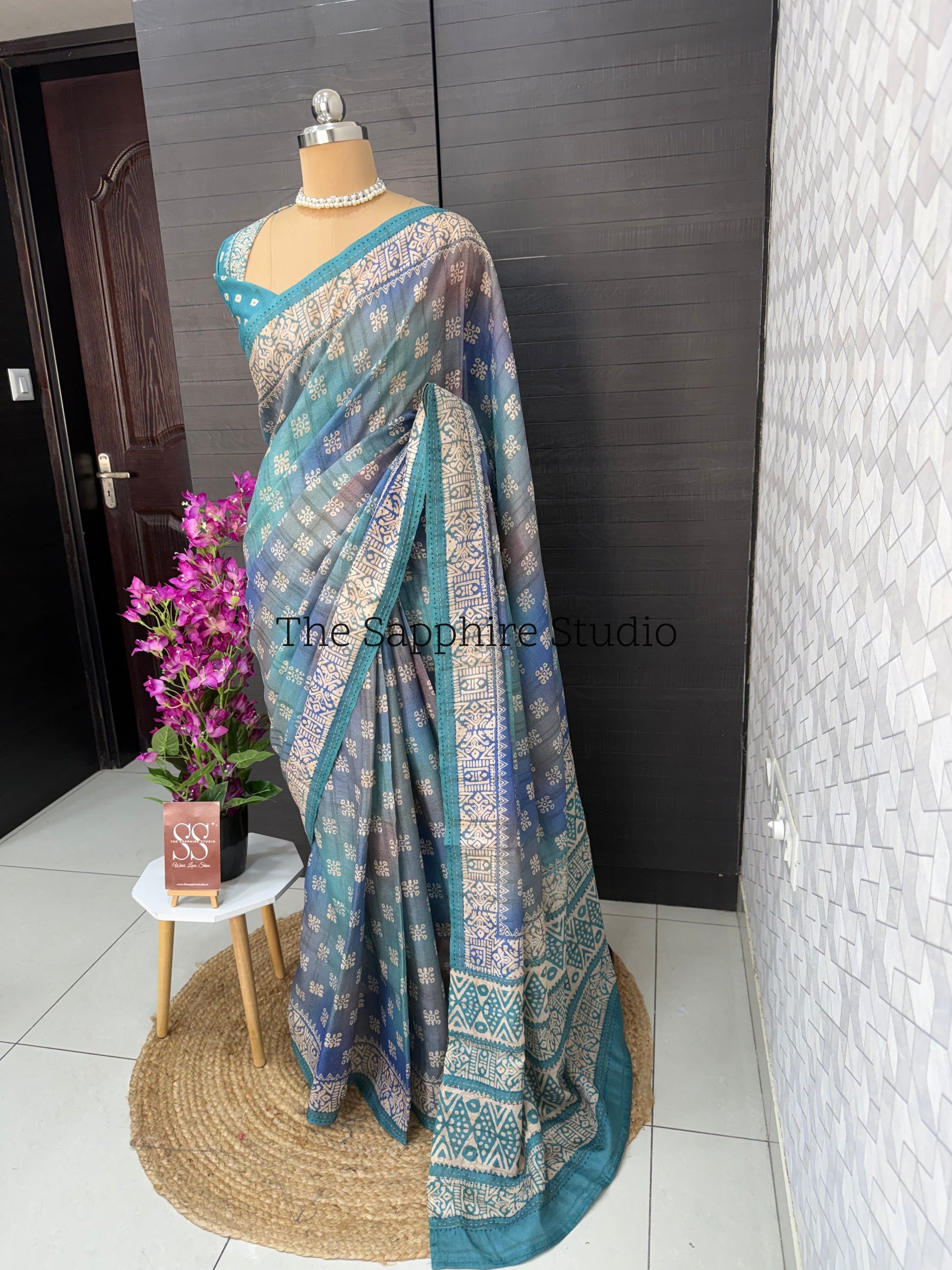 Teal Mist Tussar Saree with Sea Green Contrast Blouse