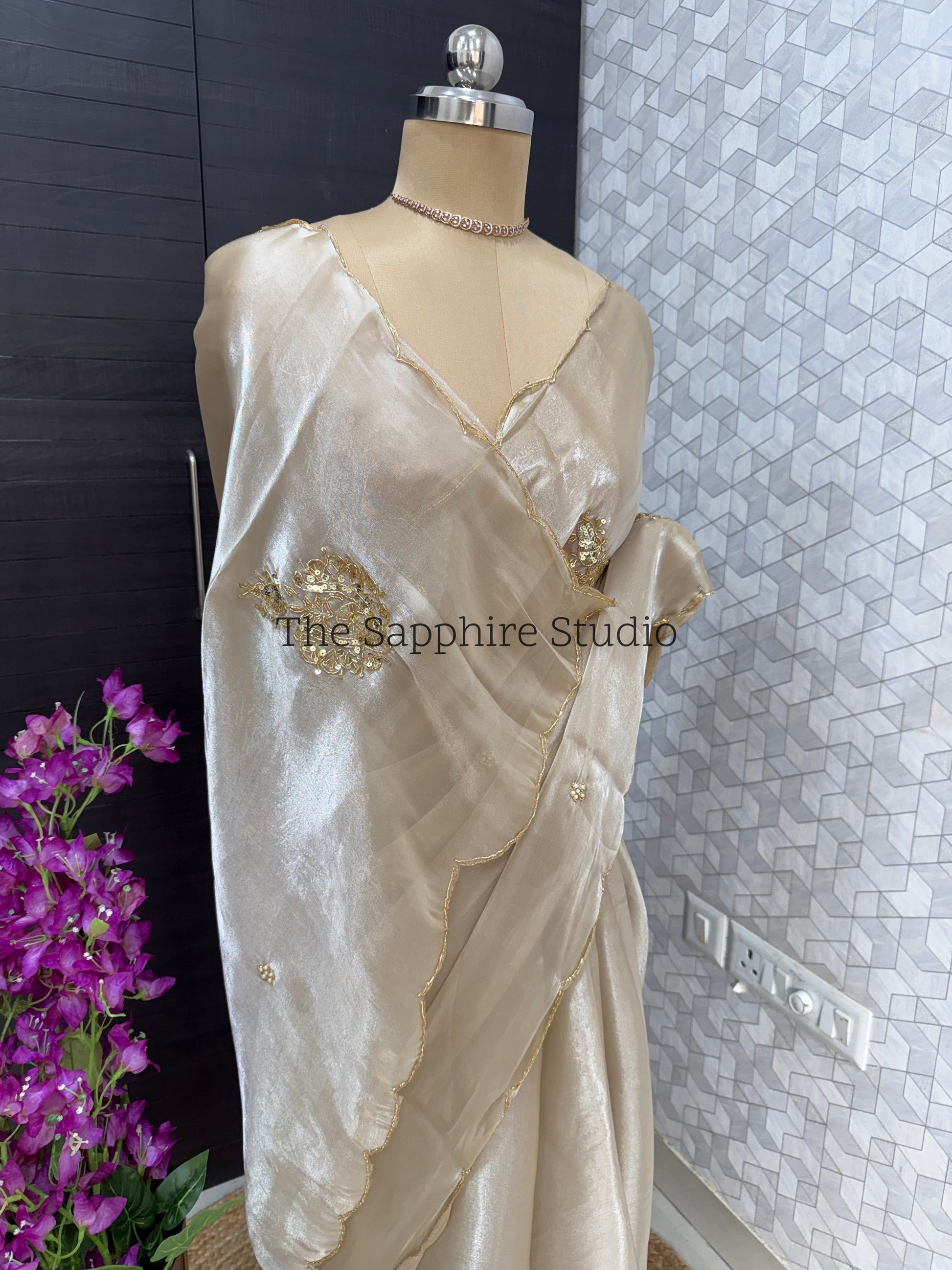 Chikku color satin organza mix saree