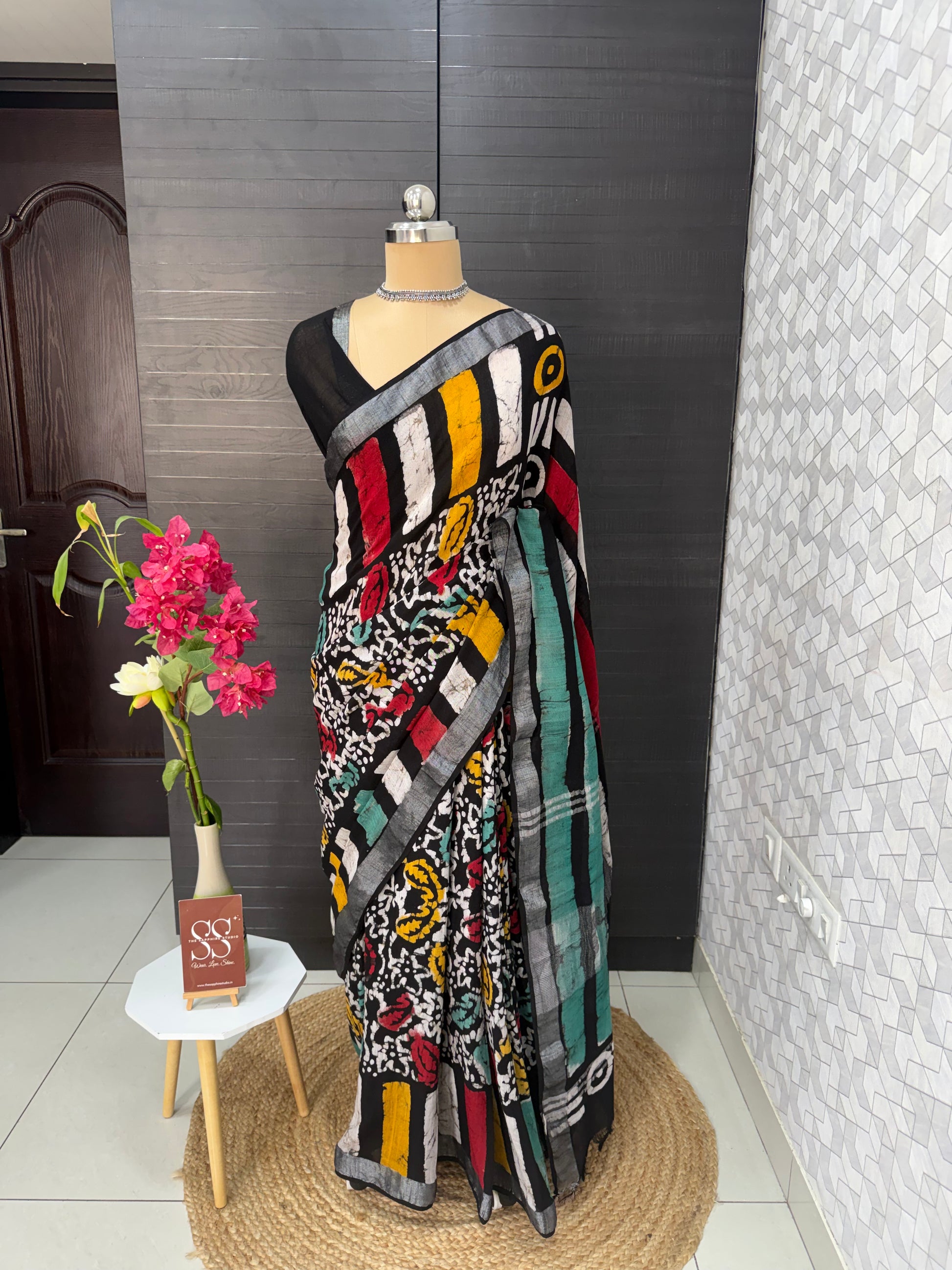 Multicolor Linen Bagru Saree with Running Blouse
