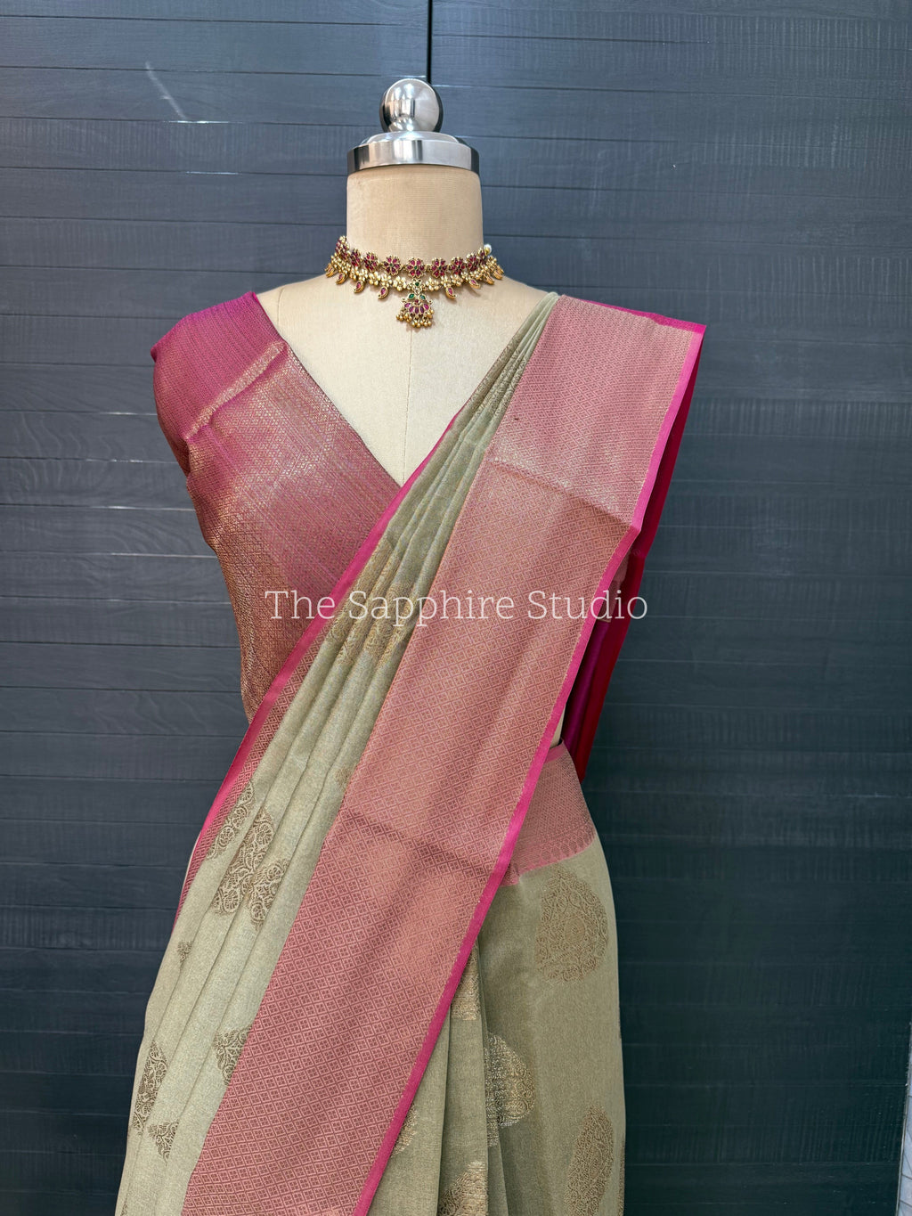 Cotton Silk Saree - Olive Green Cotton Silk Saree with Buta Work & Contrast Border