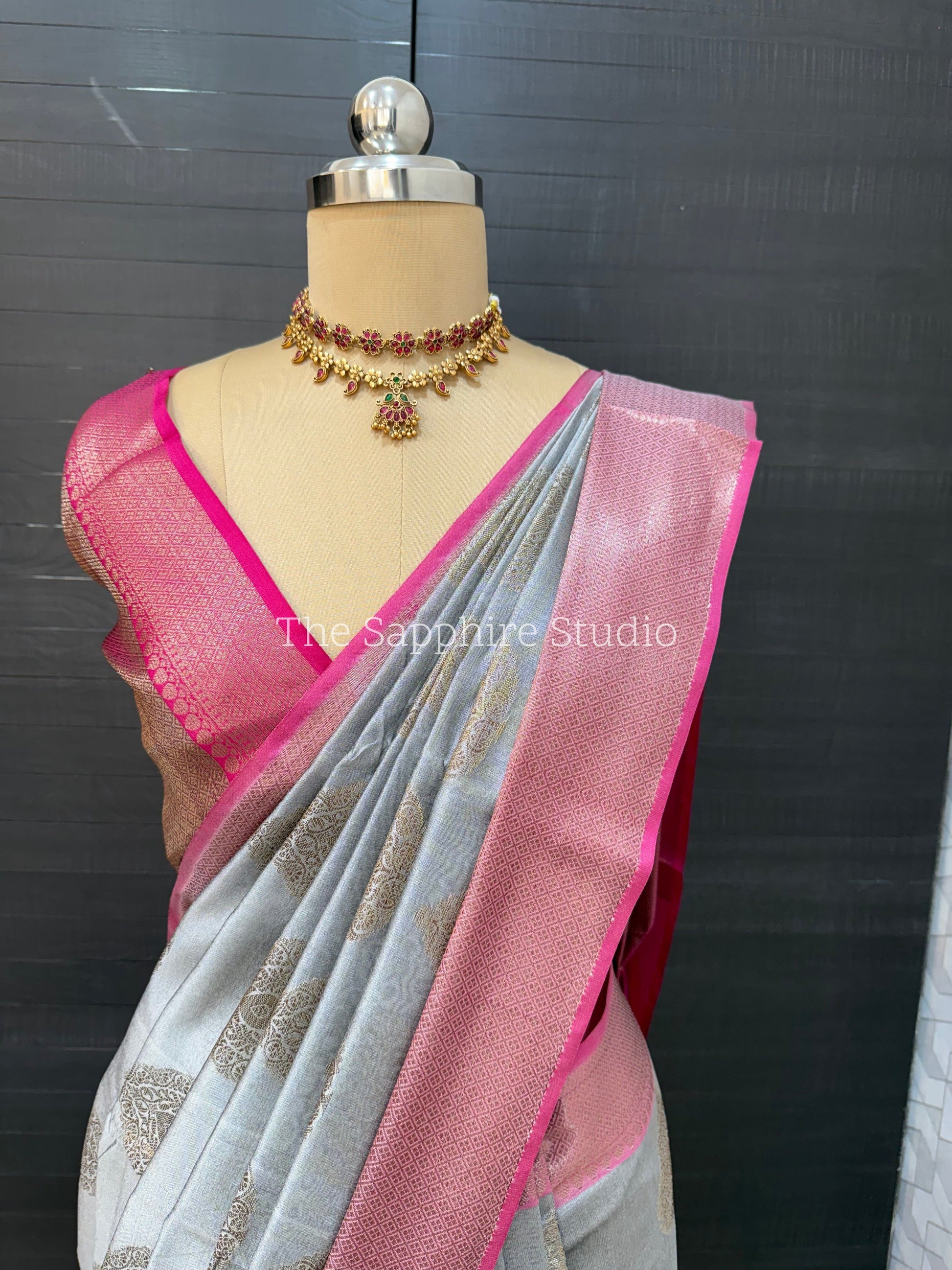 Steel Grey Cotton Silk Saree with Buta Work & Pink Contrast Border