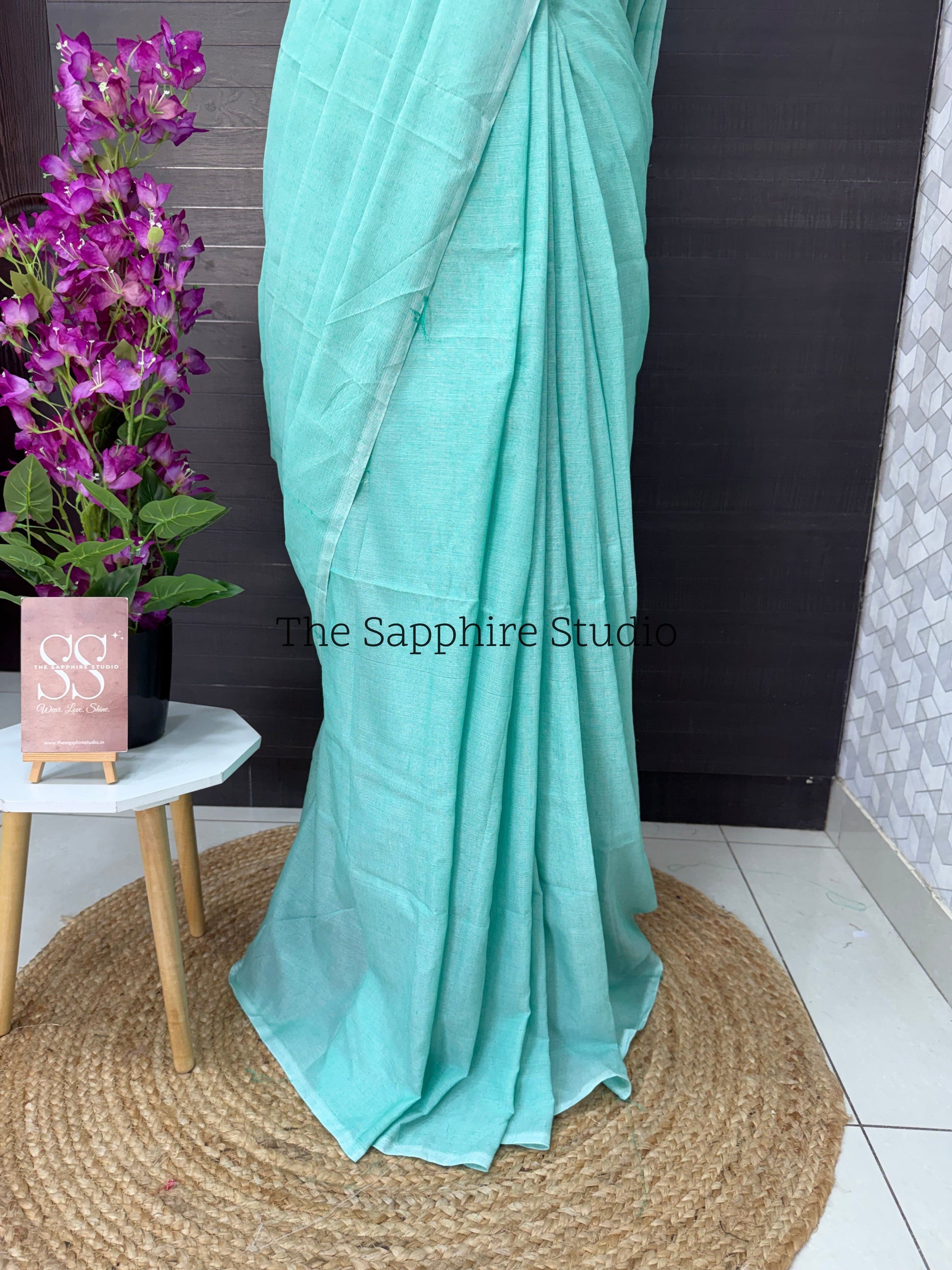 Sea Green khadi cotton saree with Printed Contrast Blouse