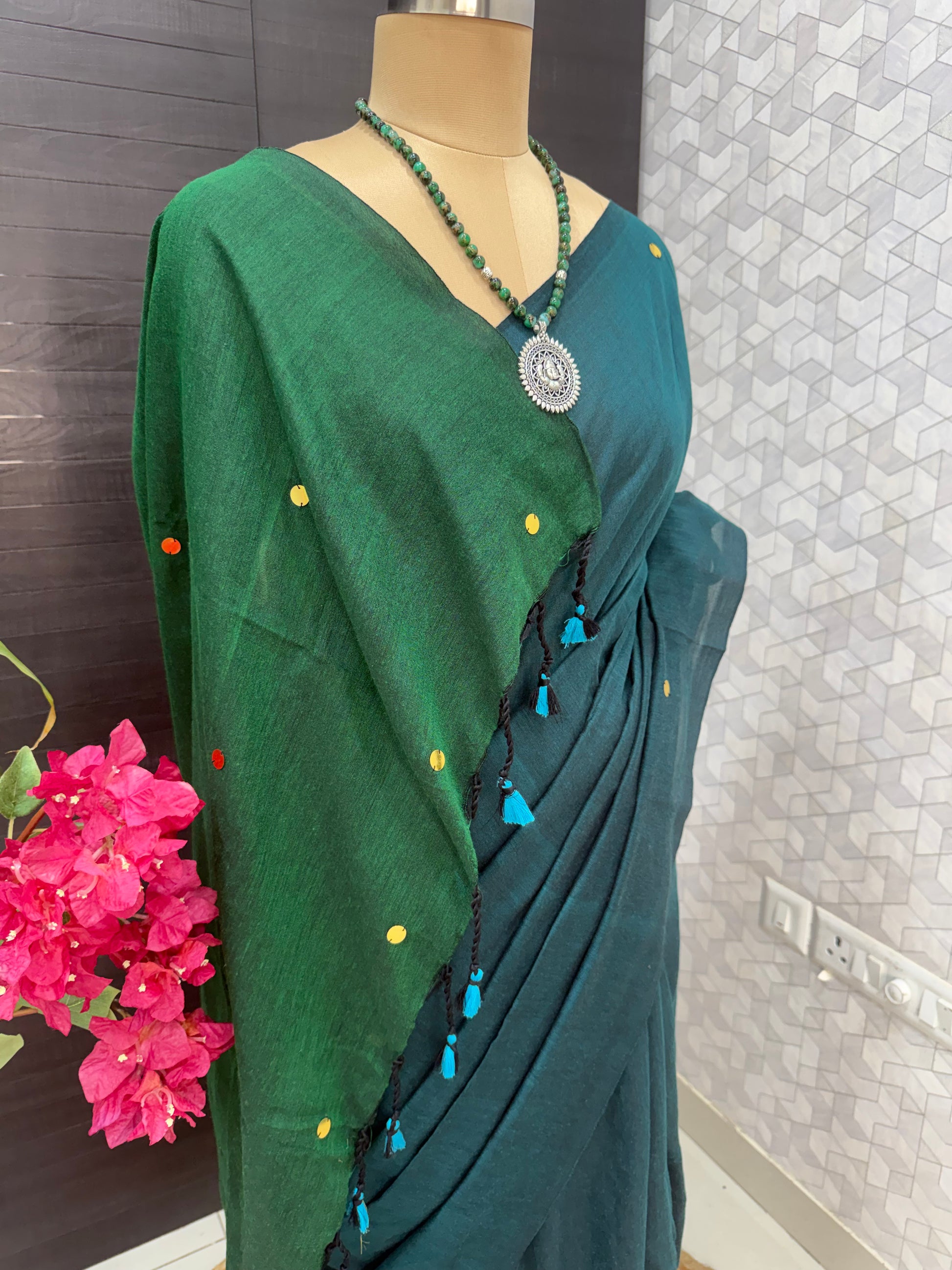 Deep Teal & Bottle Green Khadi Cotton Saree