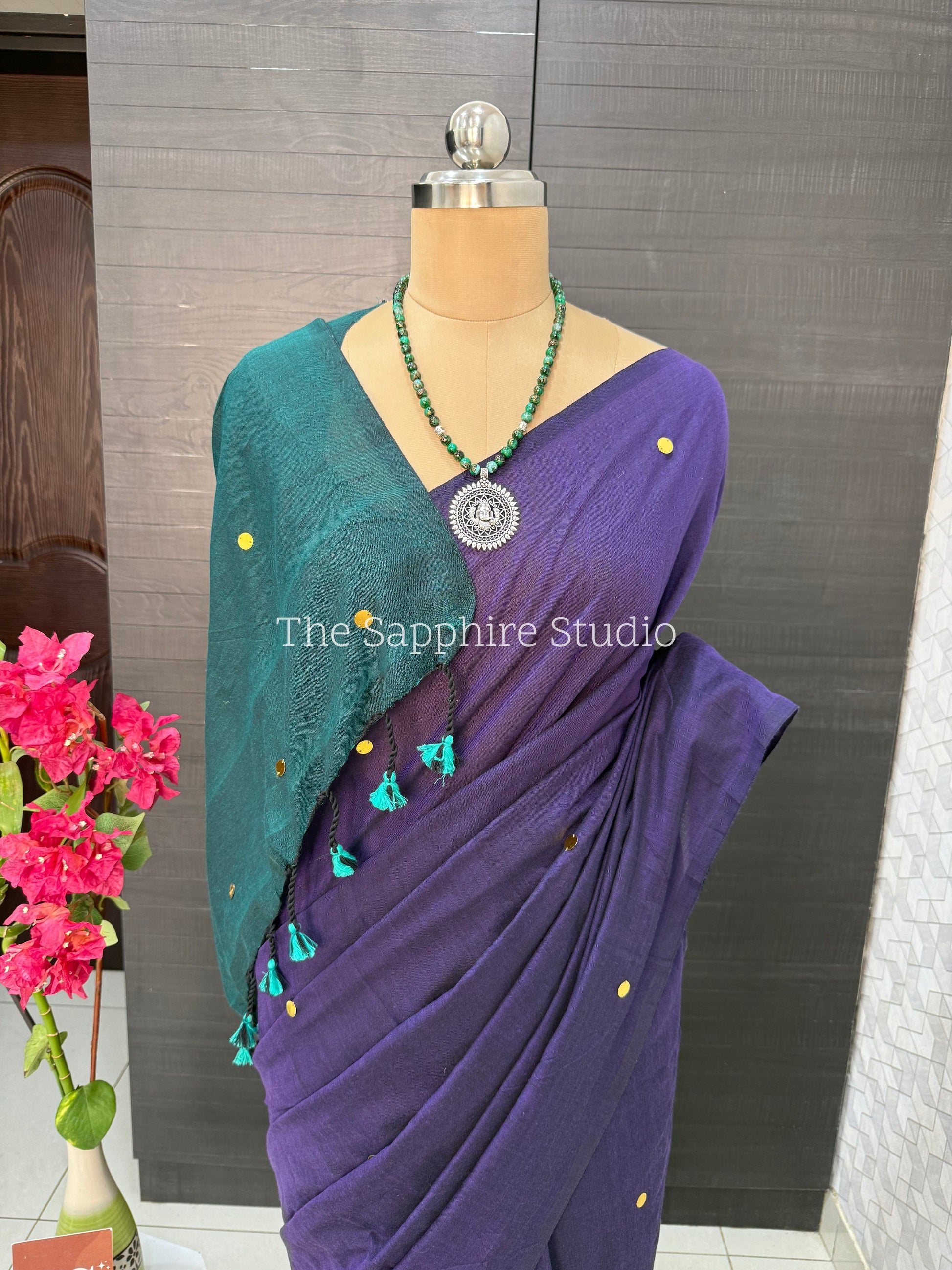 Royal Purple & Teal Khadi Cotton Saree