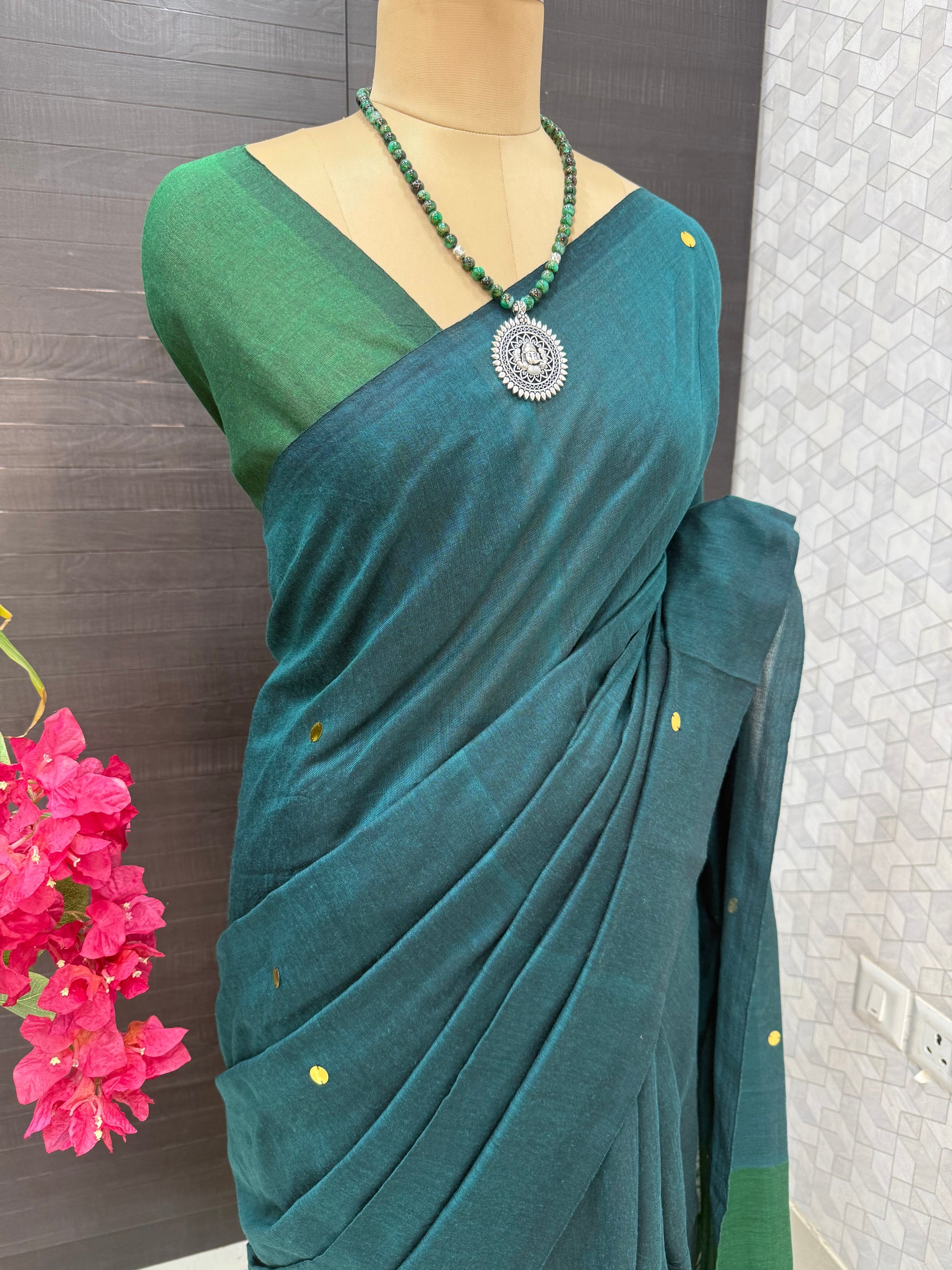 Deep Teal & Bottle Green Khadi Cotton Saree