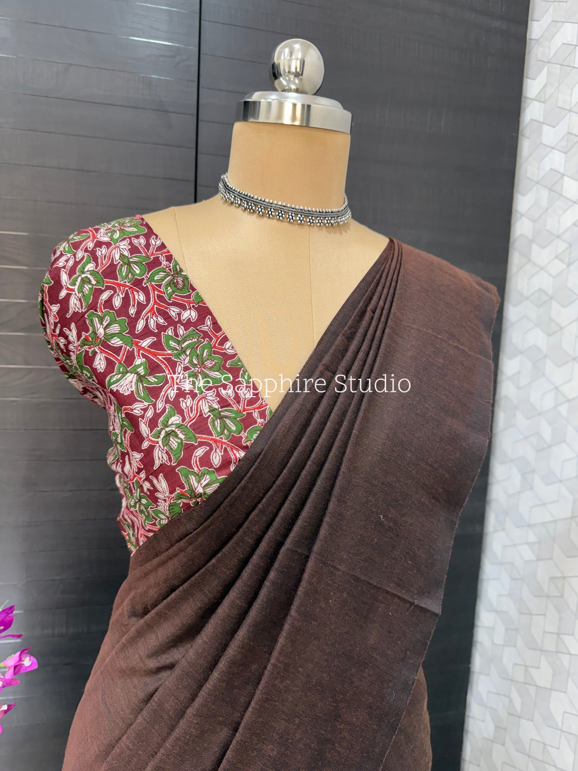 Chocolate Brown khadi cotton saree with Floral Contrast Blouse