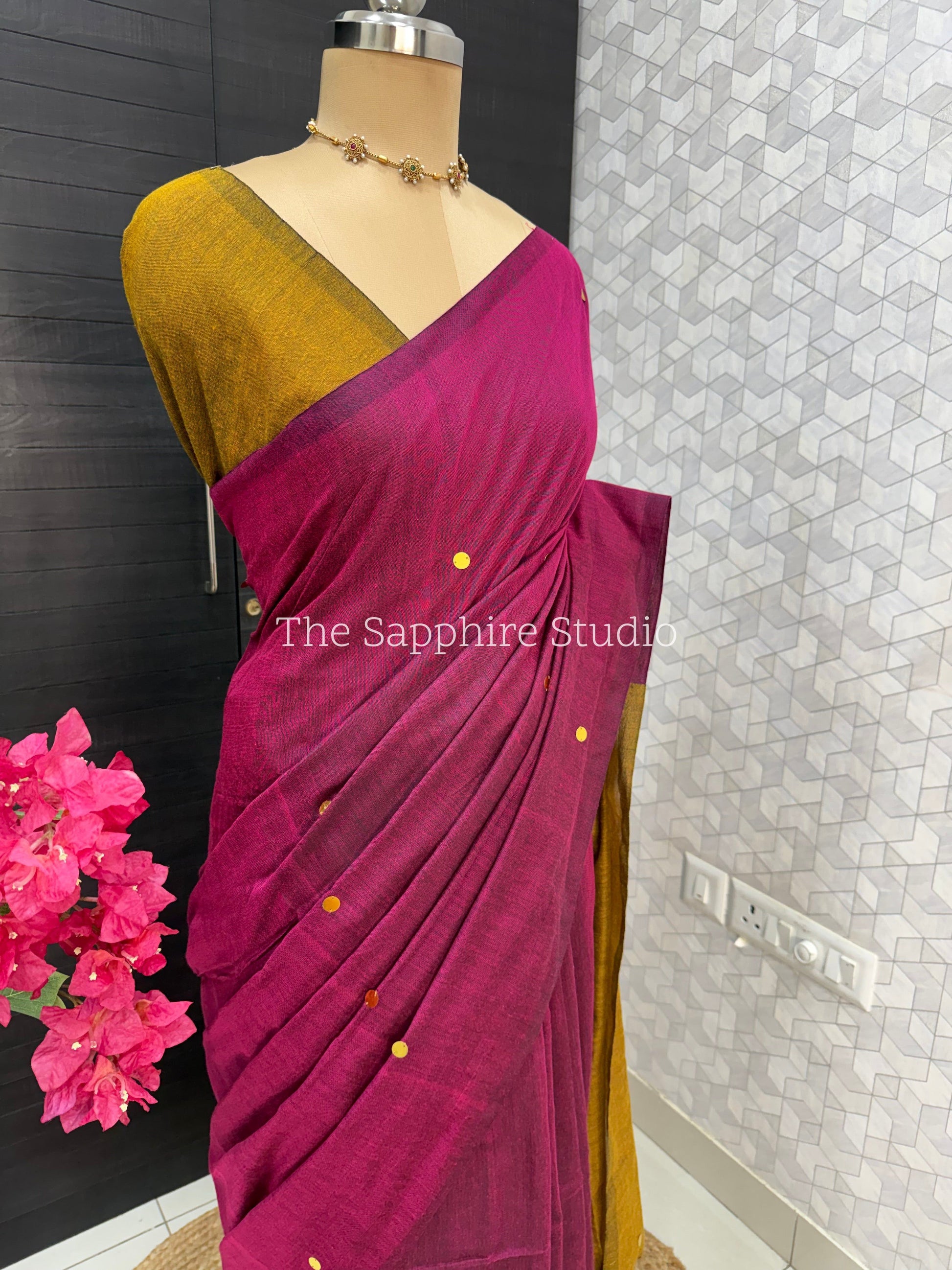 Rani Pink & Mustard Khadi Cotton Saree