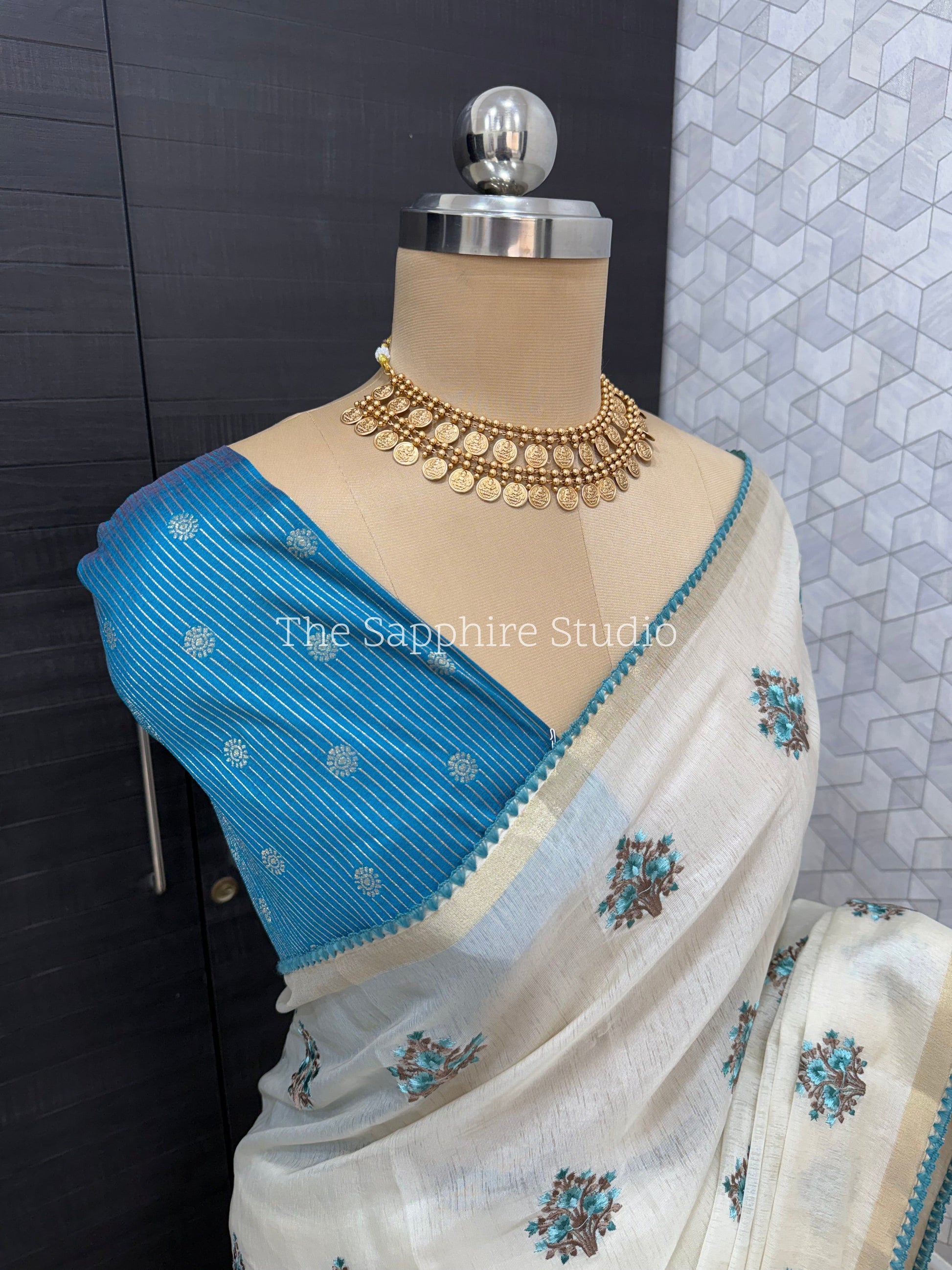 Onam/ Vishu Tissue Saree with Embroidery - Floral - Blue (Comes with contrast blue blouse)