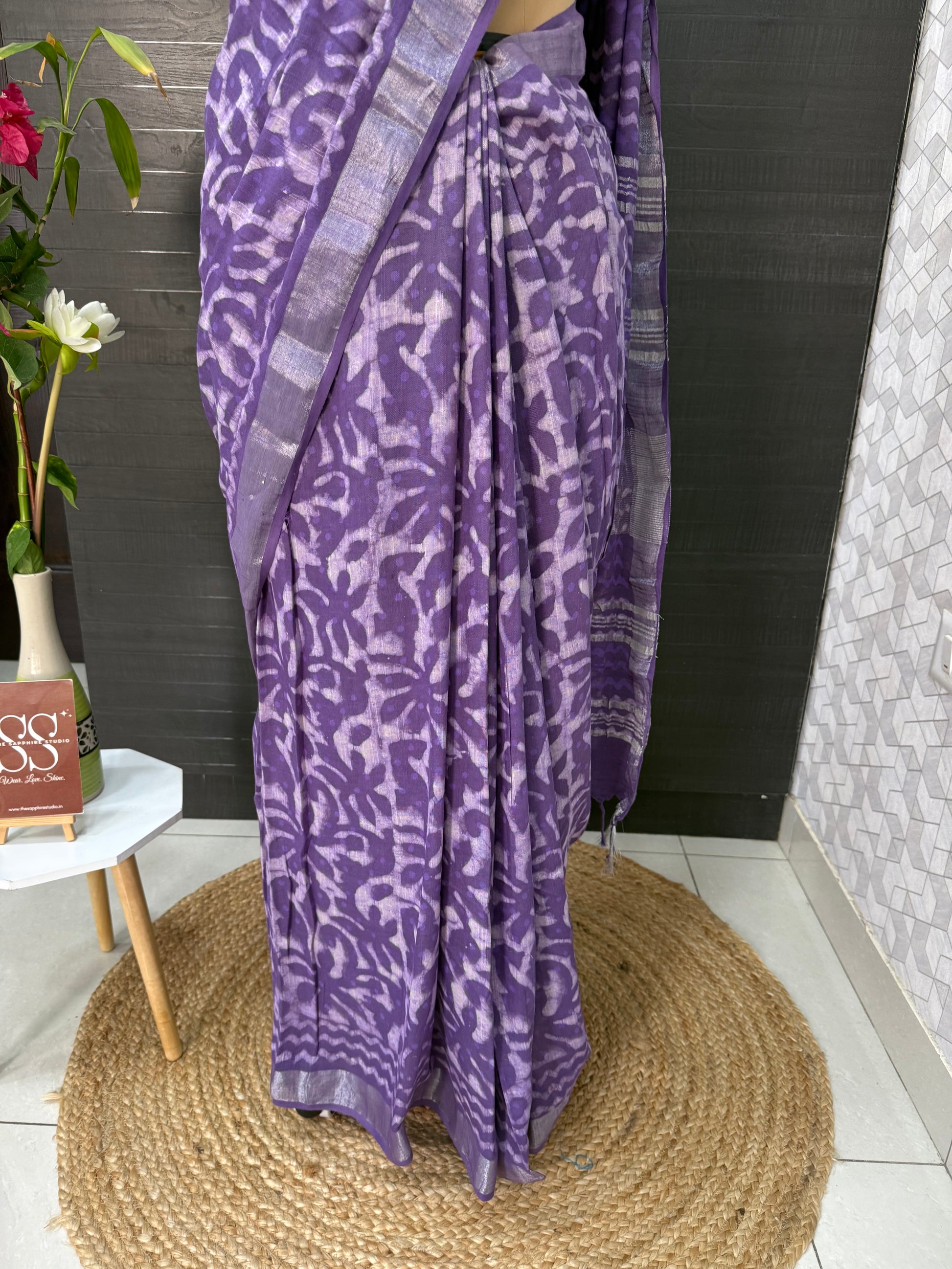Purple Linen Bagru Saree with Running Blouse