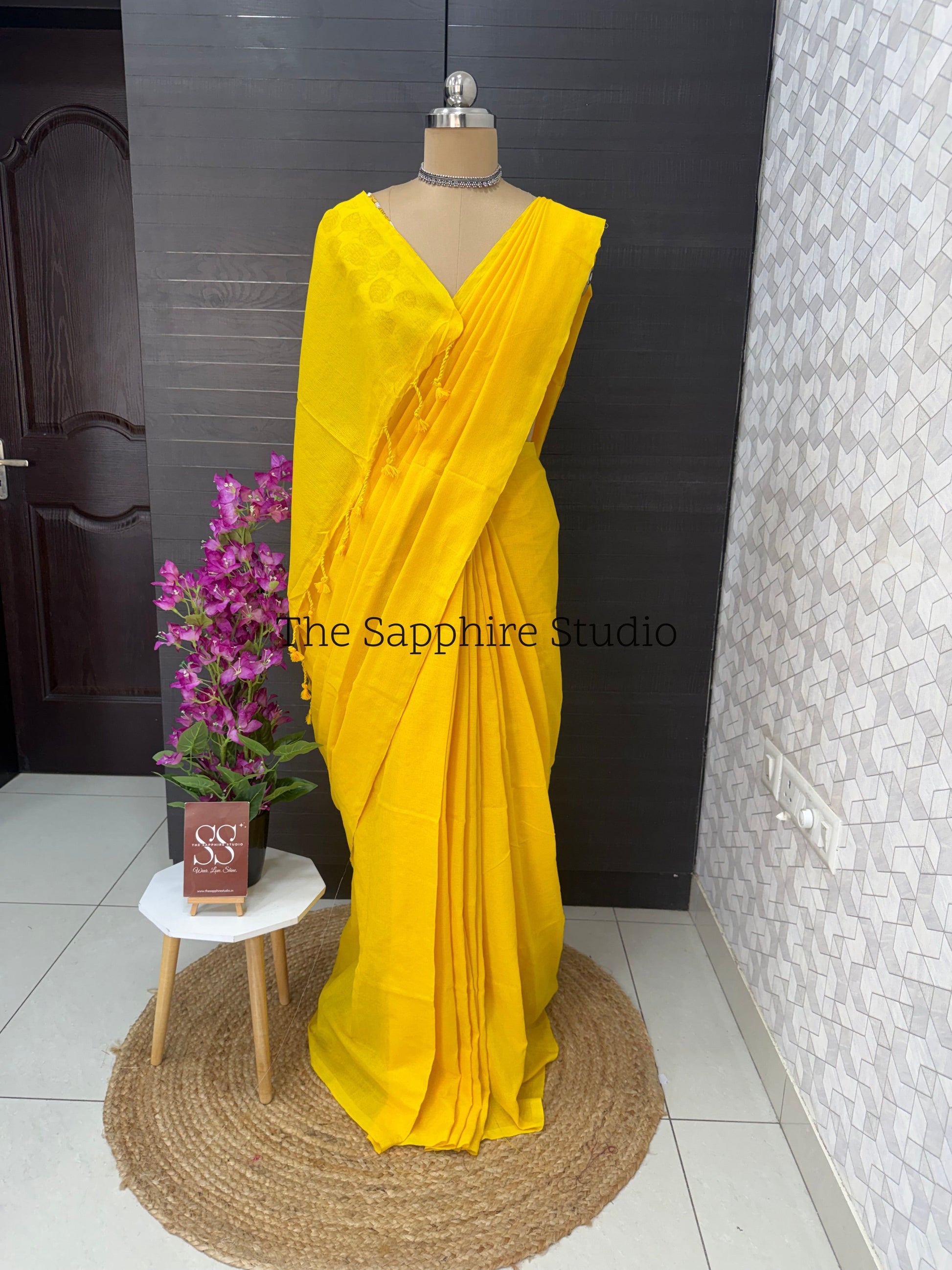 Mustard Yellow khadi cotton saree with Butta Contrast Blouse